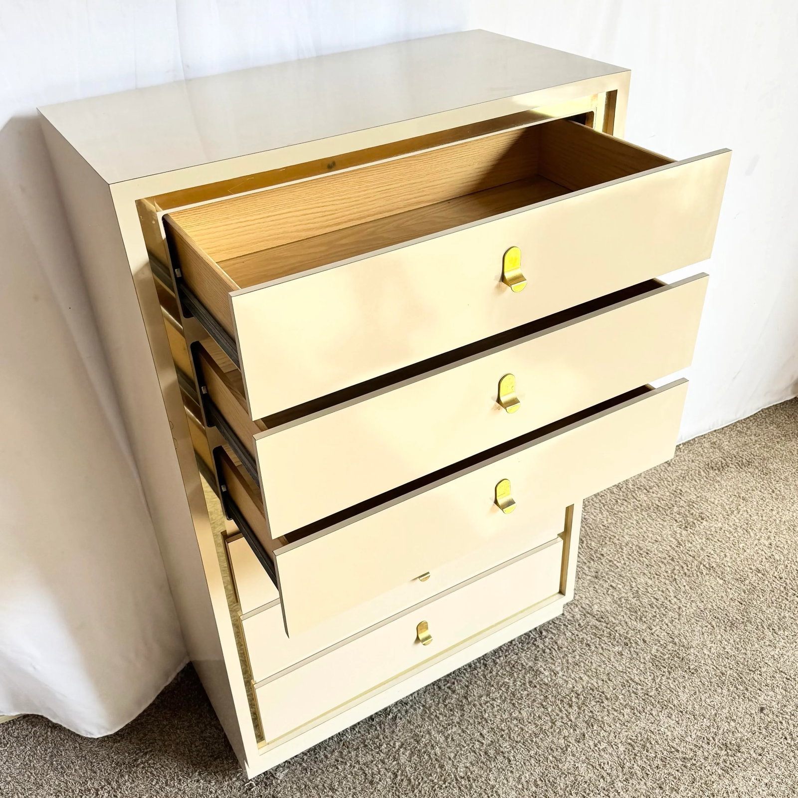 Postmodern Cream Laminate Highboy Dresser With Gold Accents - 5
