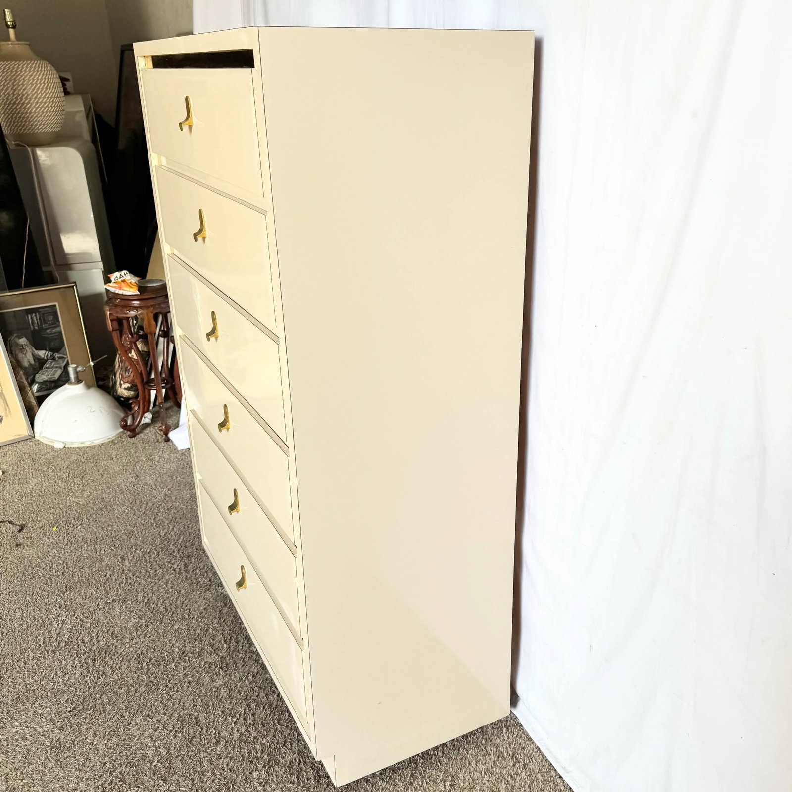 Postmodern Cream Laminate Highboy Dresser With Gold Accents - 6