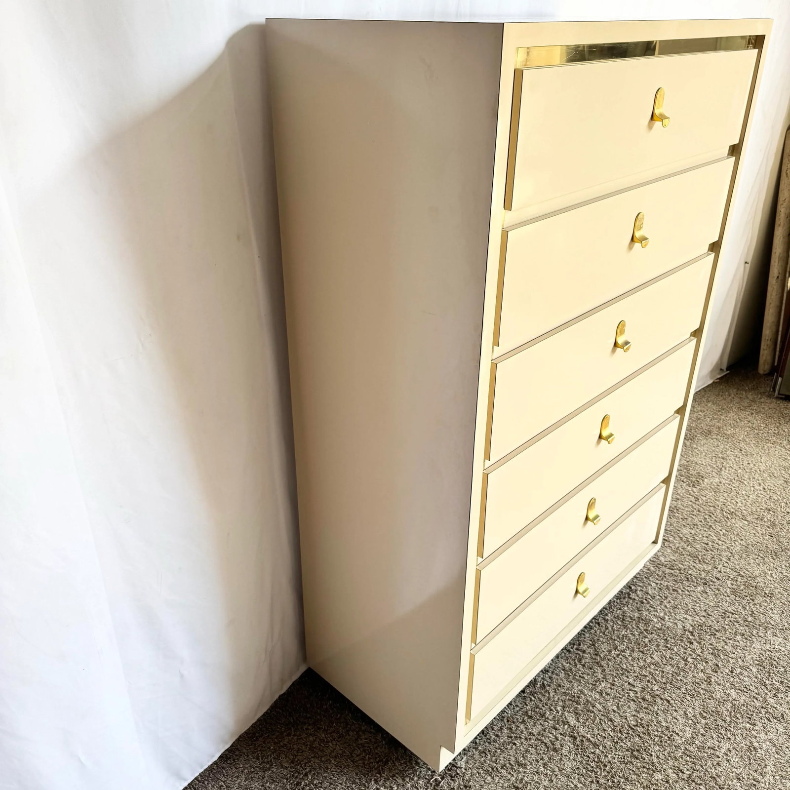 Postmodern Cream Laminate Highboy Dresser With Gold Accents - 7