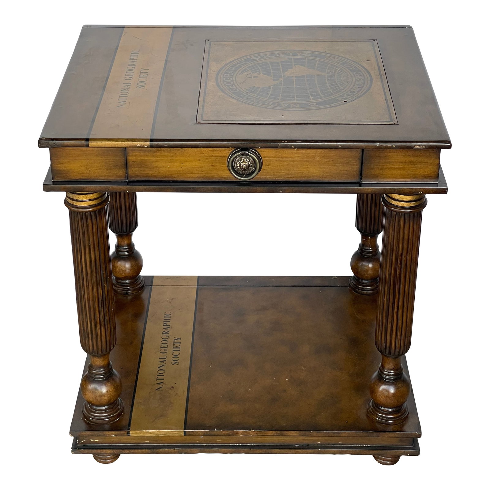 Gorgeous Maitland Smith National Geographic Library Table: Vintage National Geographic Maitland Smith library table. On 4 pillar feet with one drawer. Condition: Alterations: Original Condition Unaltered Imperfections: Some Imperfections Condition Notes: