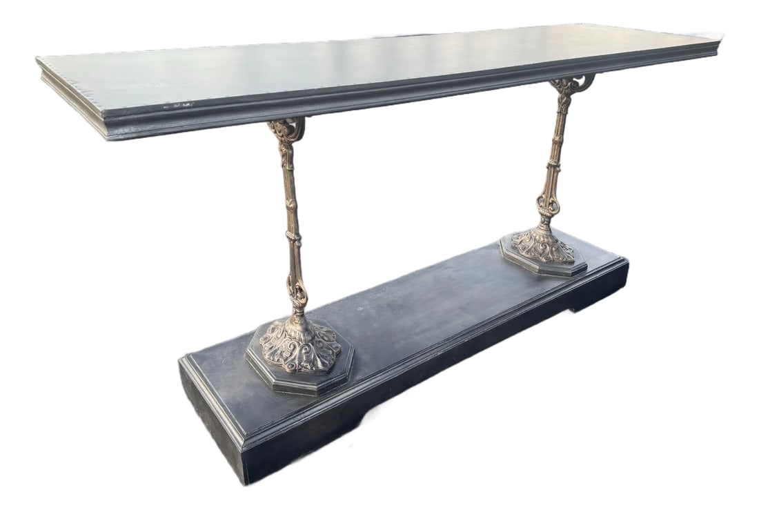 Vintage French Zinc and Cast Iron Console Table Restoration Hardware: Zinc finish. Solid and extremely heavy. Expertly crafted. This heirloom quality table is from a retired RH collection. Sought-after. An homage to the beloved "zincs" of Paris, our console pairs