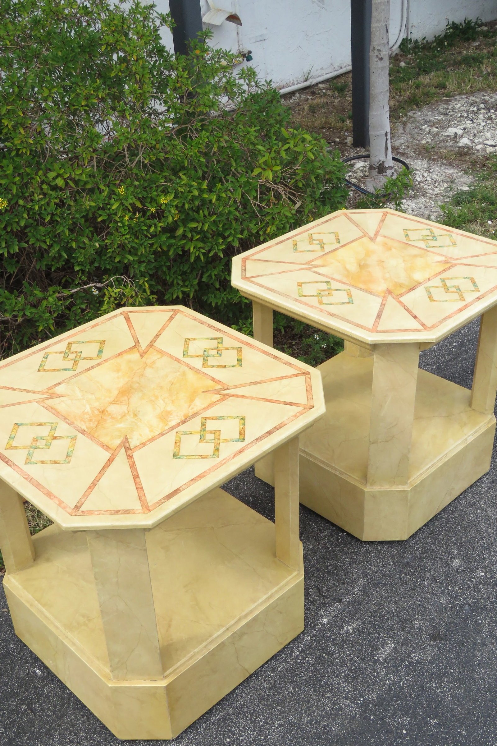 Mid Century Modern Painted Marbleized Side End Tables by Baker - Pair - 12