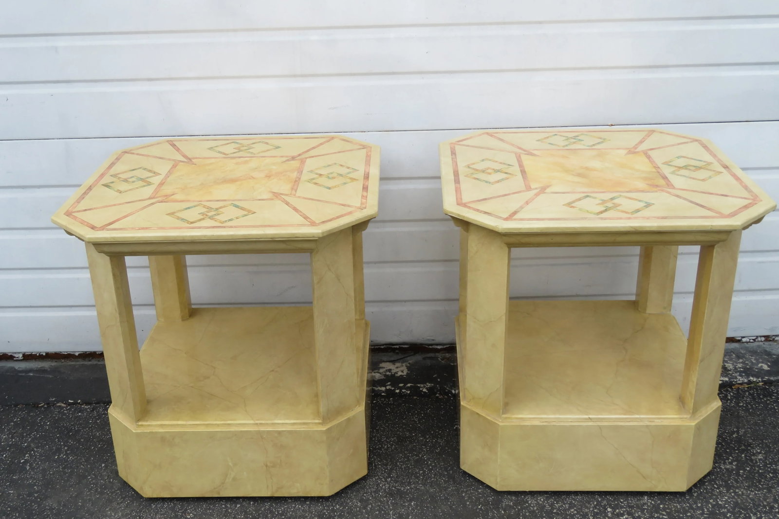 Mid Century Modern Painted Marbleized Side End Tables by Baker - Pair - 13