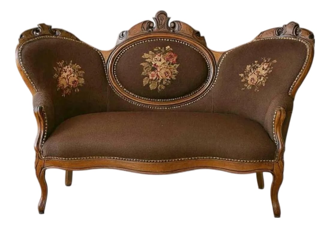 Antique Needlepoint Settee With European Floral Upholstery - Romantic Elegance (1 of 6)