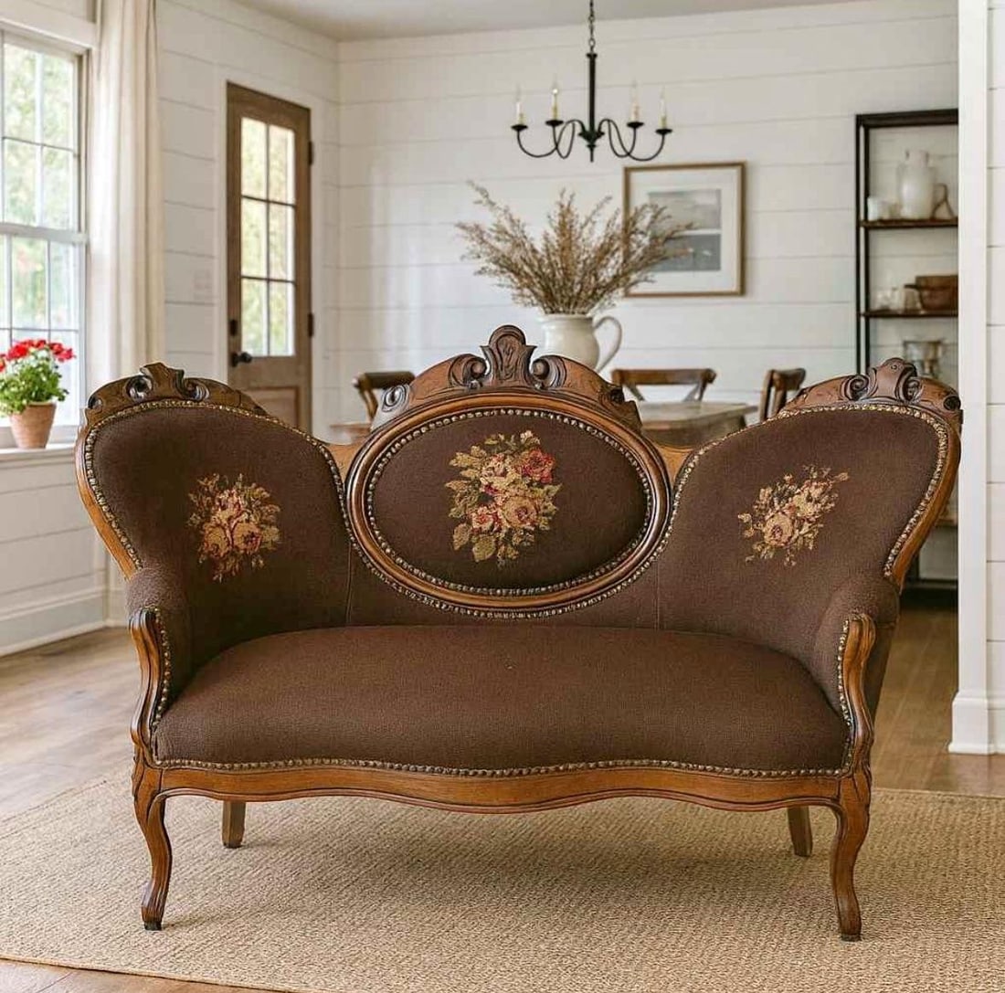 Antique Needlepoint Settee With European Floral Upholstery - Romantic Elegance - 2