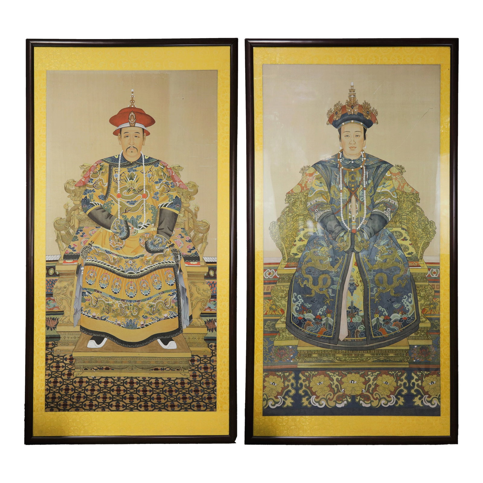 Pair of Vintage Chinese Imperial Ancestor Portraits on Silk: Qing Dynasty Emperor & Empress: This spectacular vintage set consists of two large Chinese Imperial Ancestor Portraits on Silk, beautifully framed and displayed as a ceremonial pair from the Qing Dynasty (1644-1912). The first