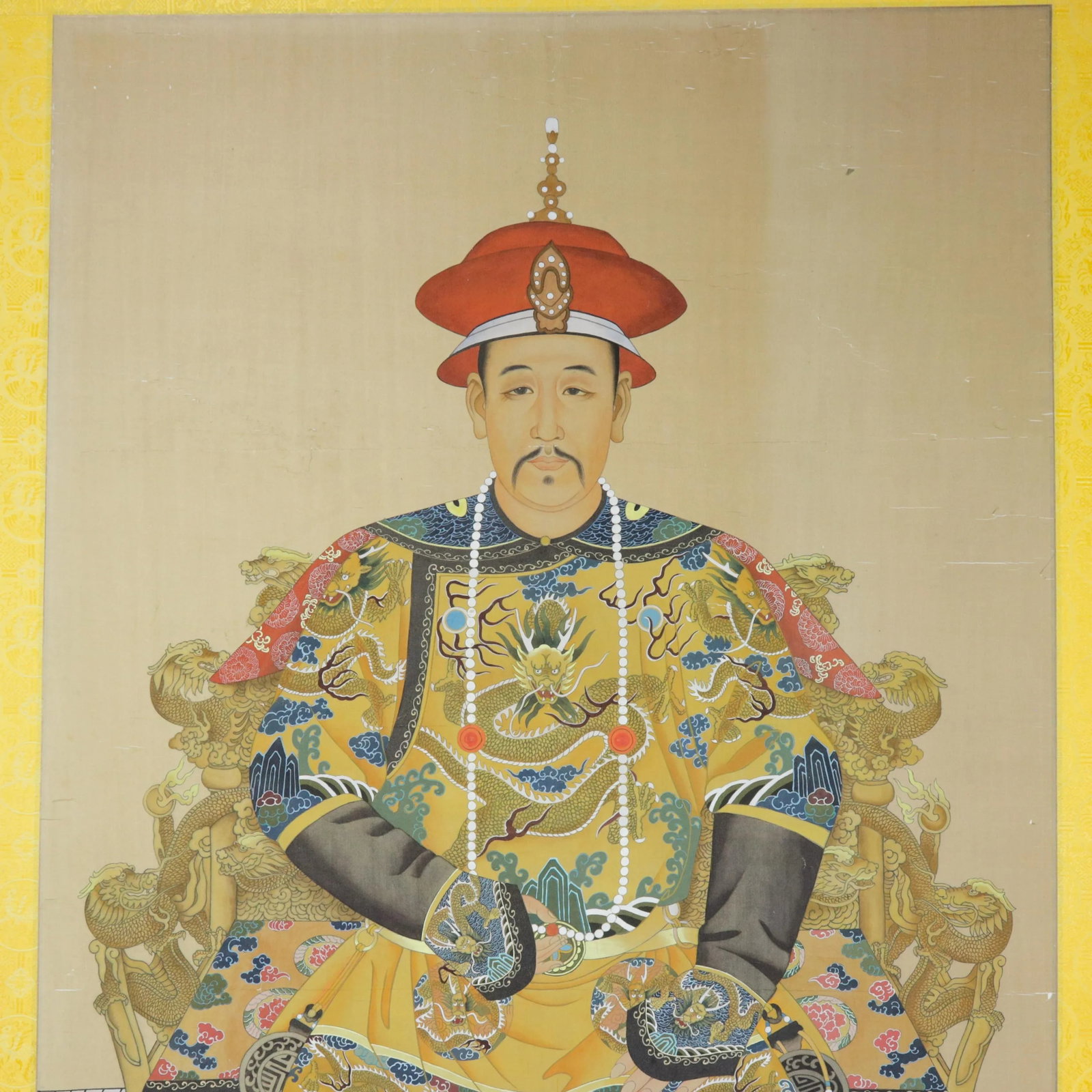 Pair of Vintage Chinese Imperial Ancestor Portraits on Silk: Qing Dynasty Emperor & Empress - 2