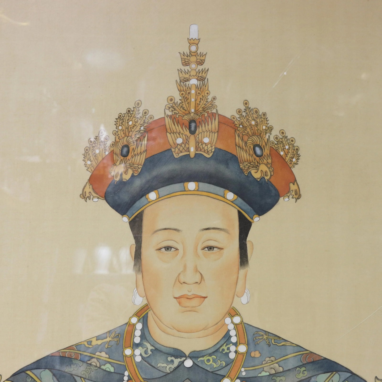 Pair of Vintage Chinese Imperial Ancestor Portraits on Silk: Qing Dynasty Emperor & Empress - 7