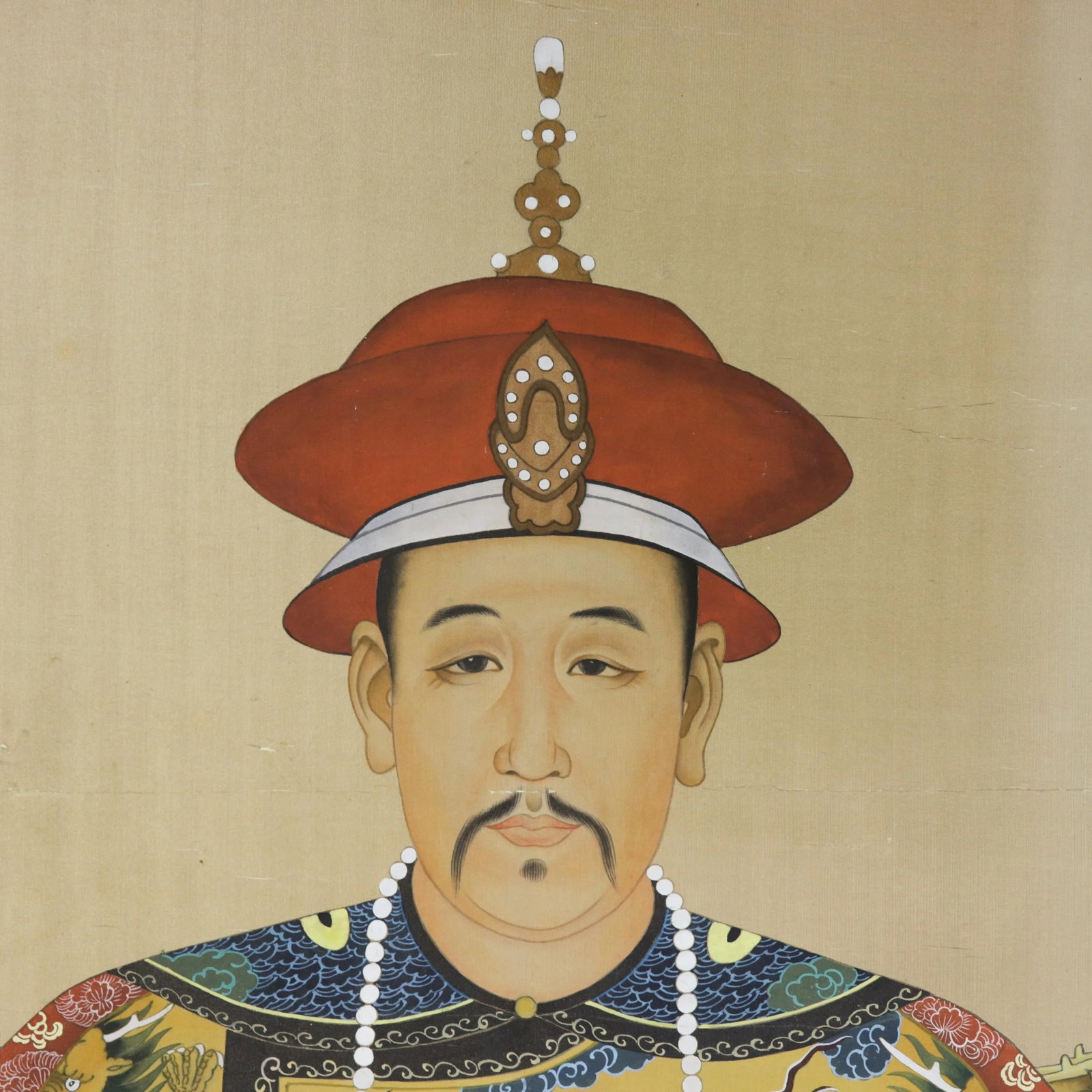 Pair of Vintage Chinese Imperial Ancestor Portraits on Silk: Qing Dynasty Emperor & Empress - 8