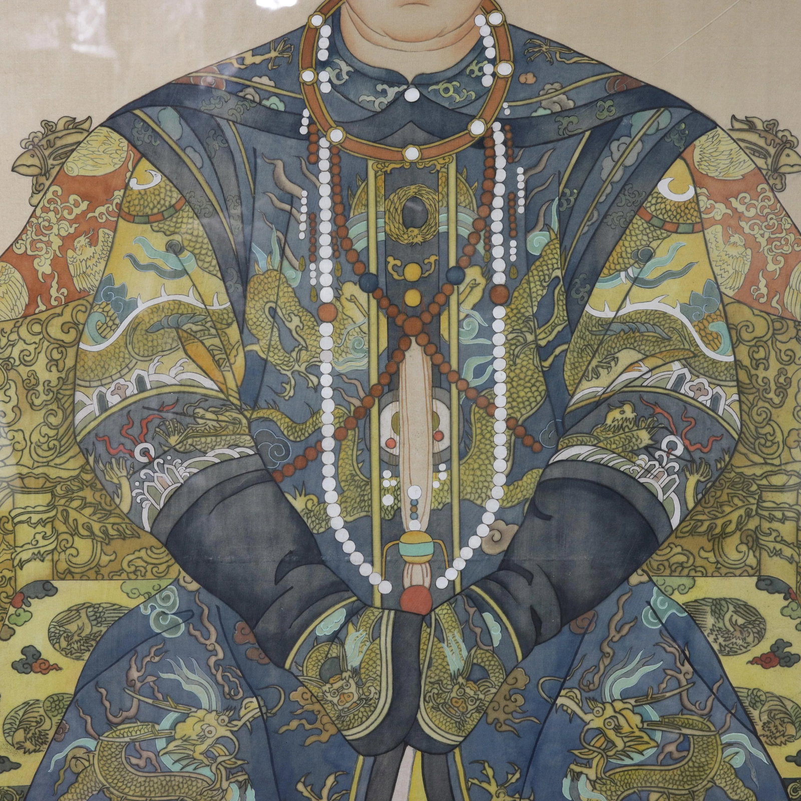 Pair of Vintage Chinese Imperial Ancestor Portraits on Silk: Qing Dynasty Emperor & Empress - 9