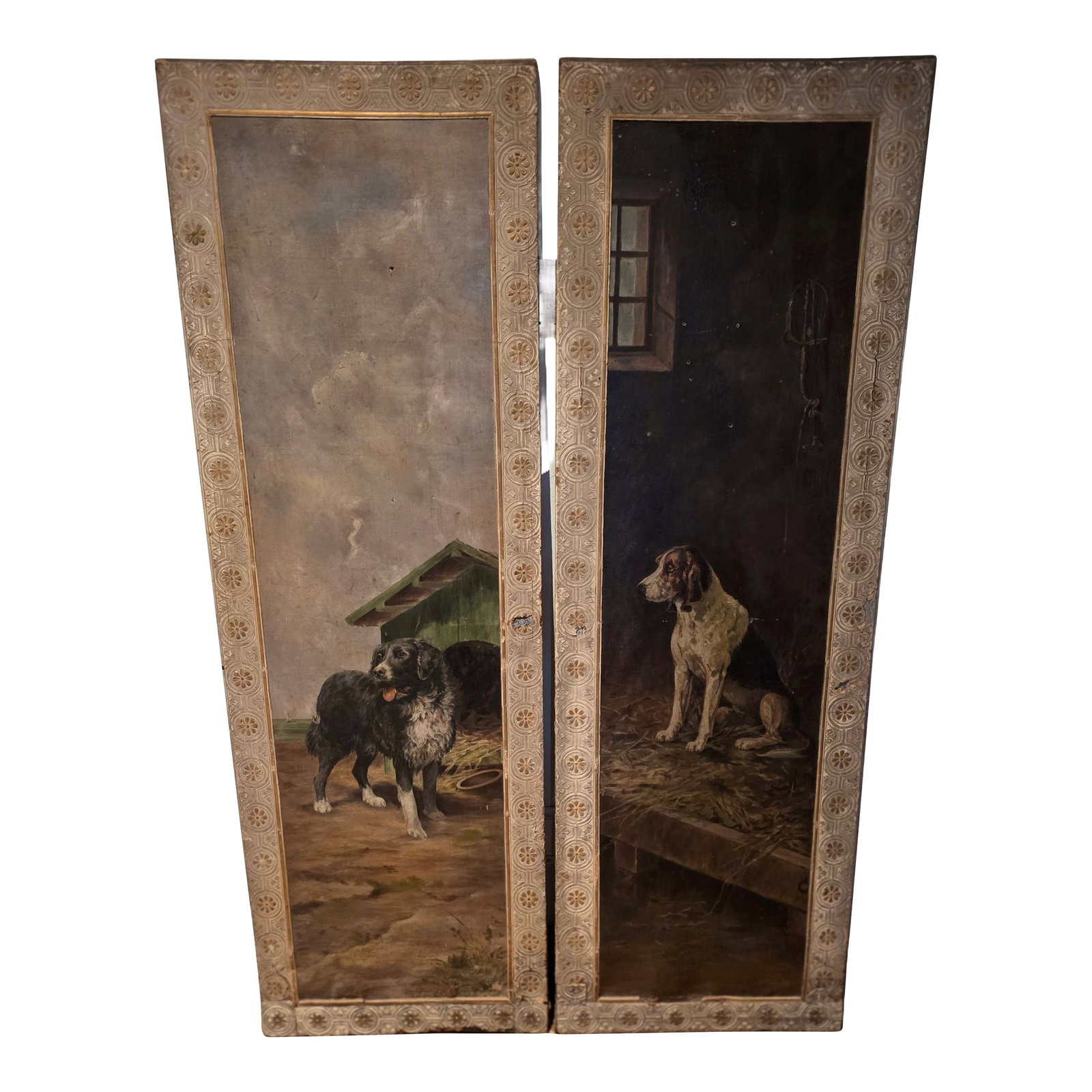 Mid 20th Century Pair of Dog Painted Panels: Partially Gilded embossed frames, two different Dog portraits, very decorative. Condition: Alterations: Original Condition Unaltered Imperfections: Some Imperfections Condition Notes: normal wear and 