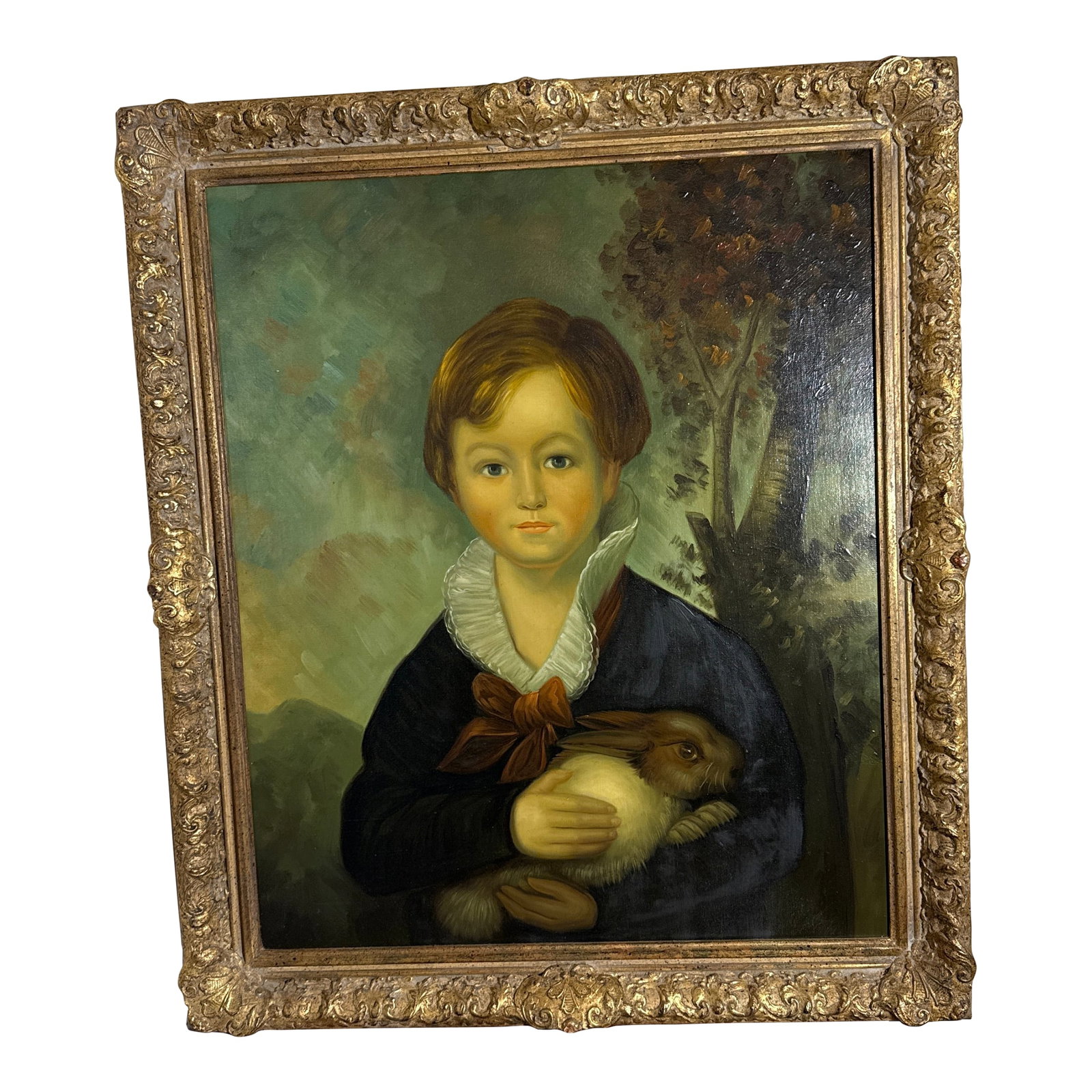 Vintage Oil on Canvas After English Painting of Boy With Rabbit: This is a beautiful vintage oil portrait depicting a young child holding a rabbit, painted in a traditional classical style. The artist used soft, warm tones and detailed brushwork that give the