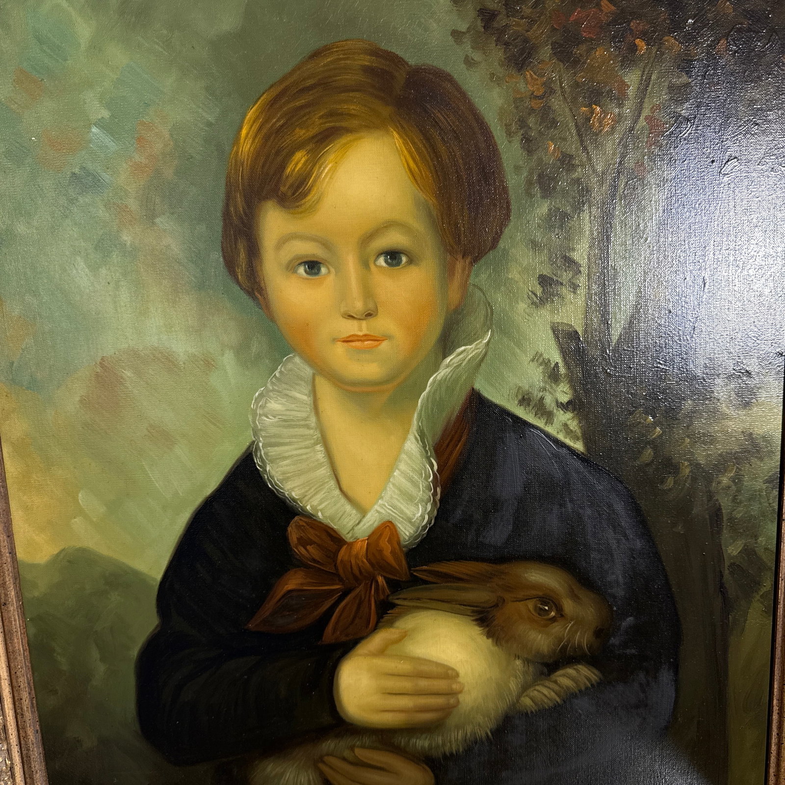 Vintage Oil on Canvas After English Painting of Boy With Rabbit - 2