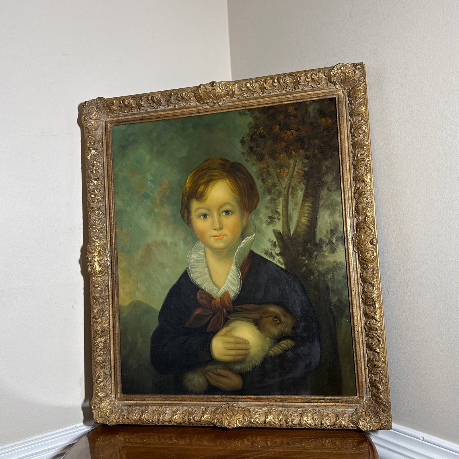 Vintage Oil on Canvas After English Painting of Boy With Rabbit - 8