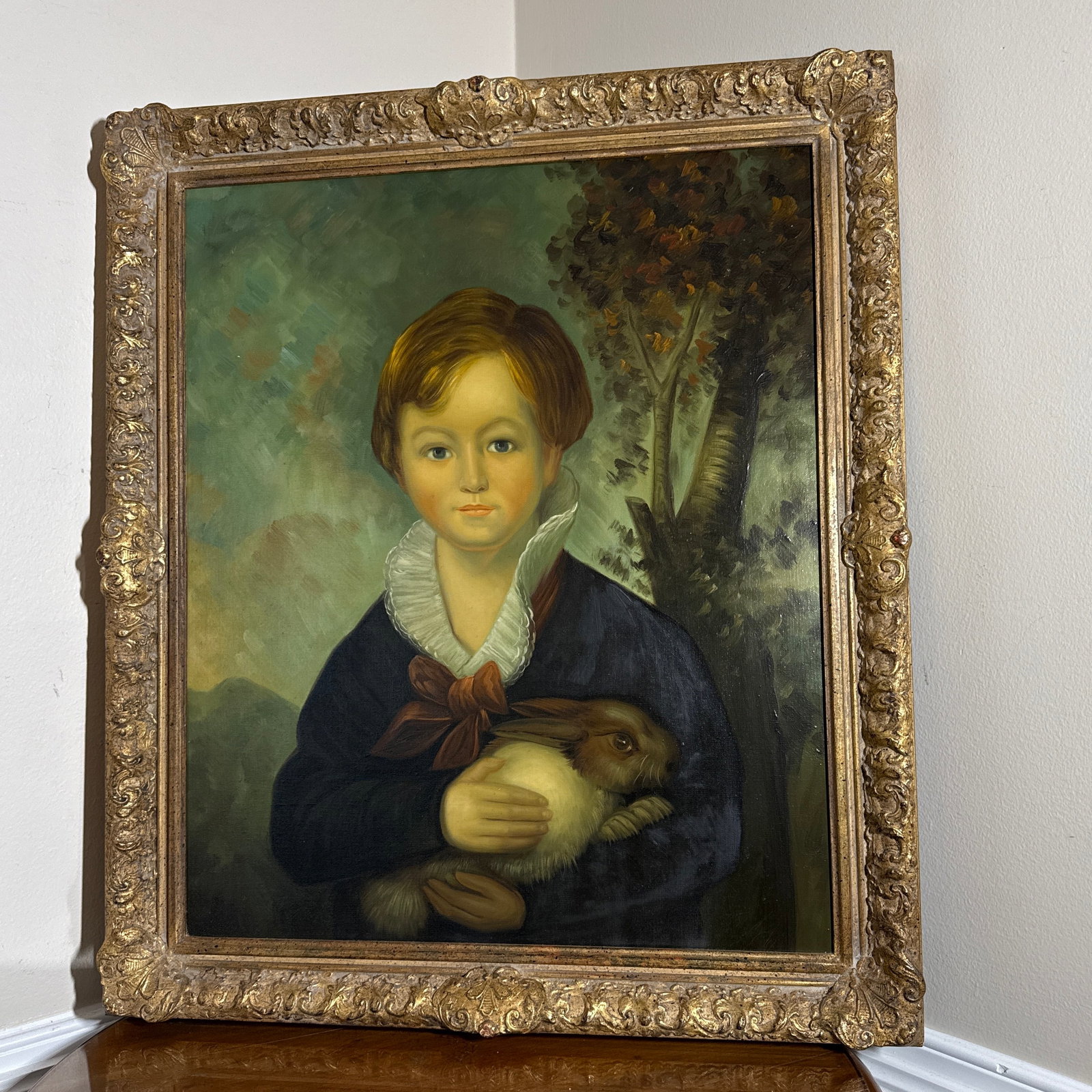 Vintage Oil on Canvas After English Painting of Boy With Rabbit - 9