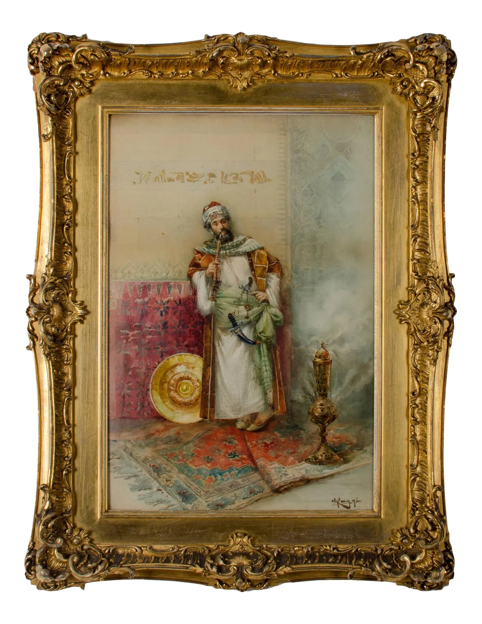 Giovanni Antonio Raggi Figurative Painting: Giovanni Antonio Raggi (Italian, late 19th century) Scene depicting and hookah smoker. Watercolor and gouache on paper. sight: 14 by 20 3/4 inches Frame: 23 by 30 inches Very good overall in original