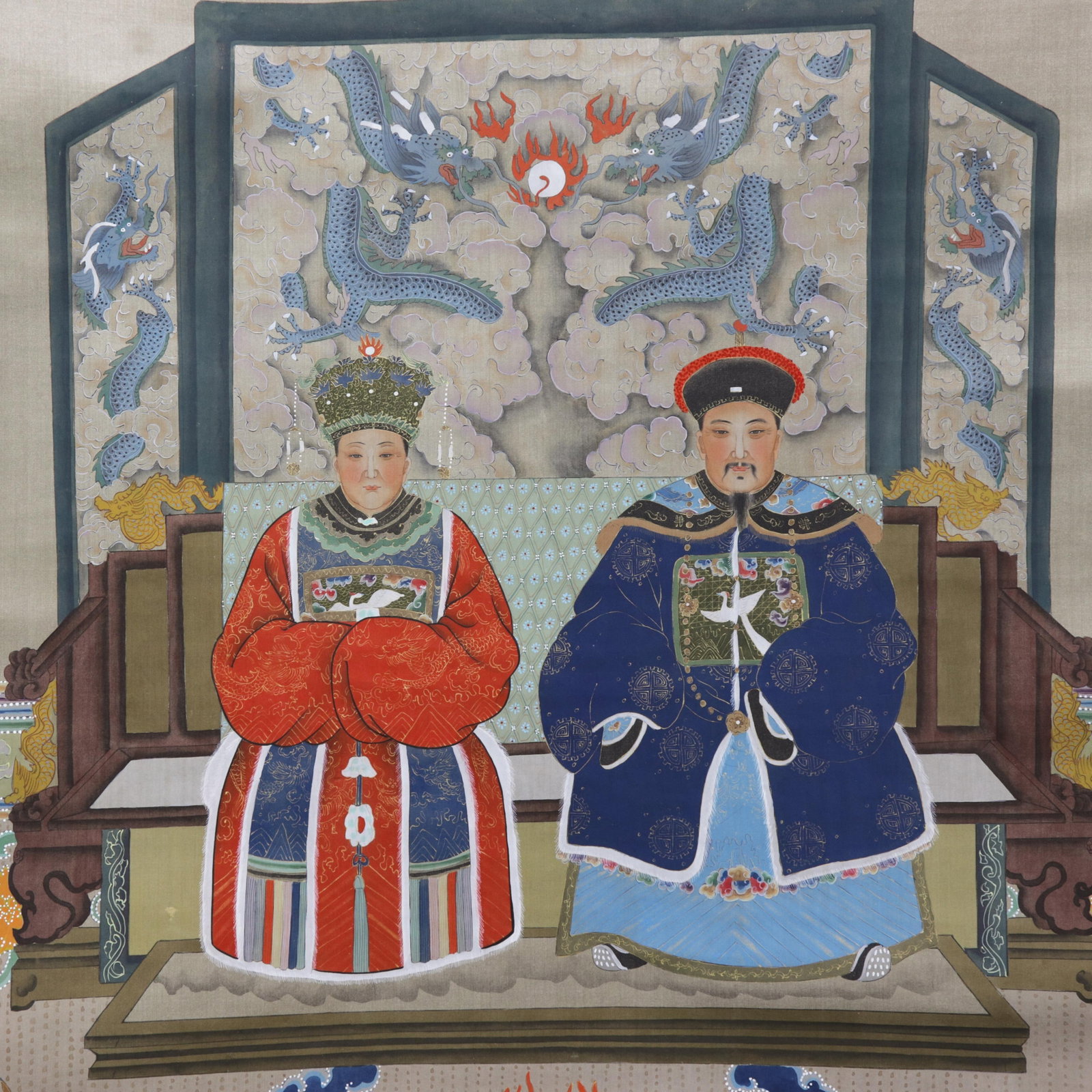 Vintage Qing Dynasty Style Emperor & Empress Portrait Hanging Scroll on Silk - 12