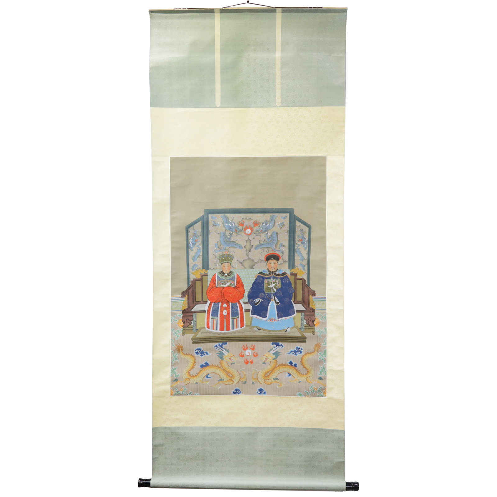 Vintage Qing Dynasty Style Emperor & Empress Portrait Hanging Scroll on Silk - 13