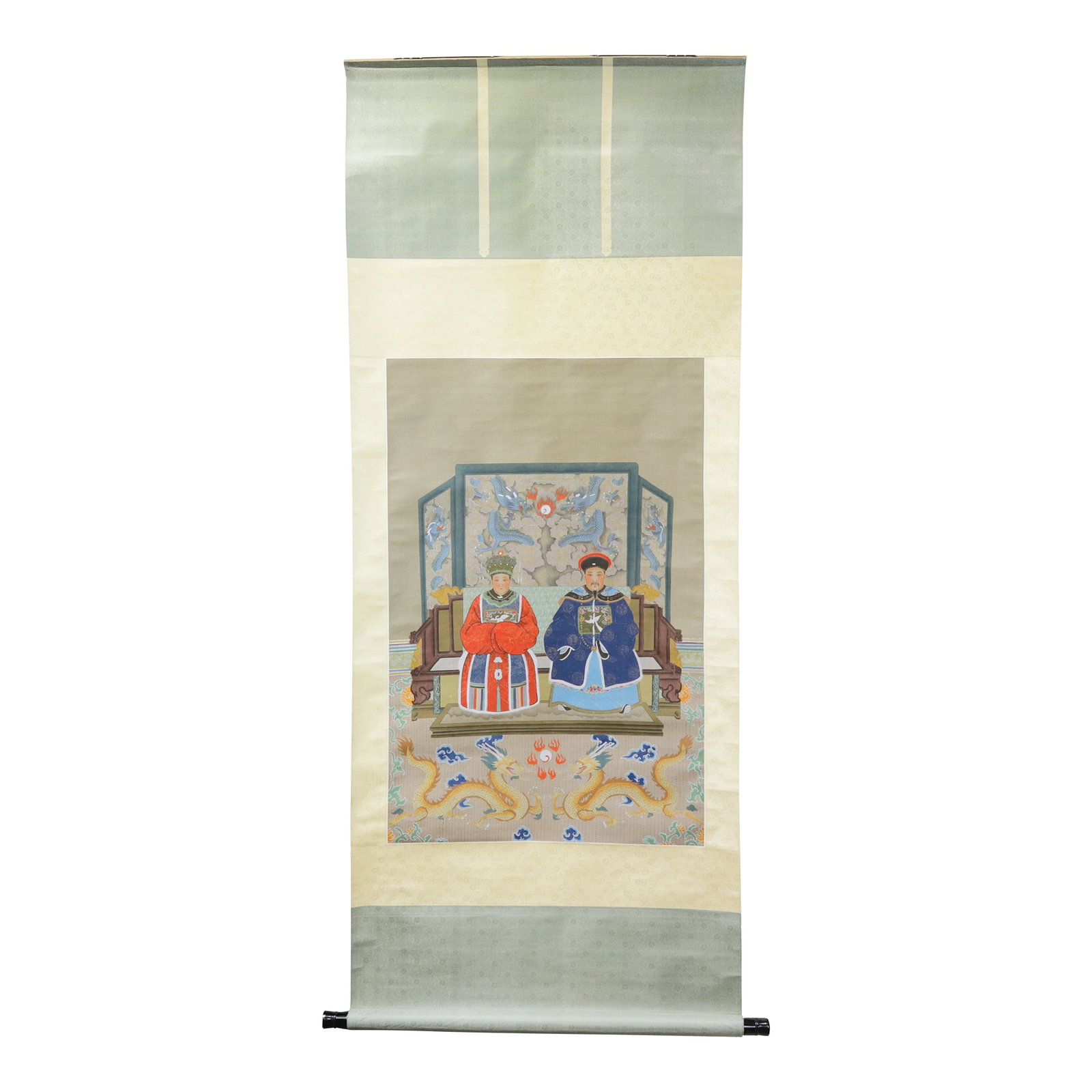 Vintage Qing Dynasty Style Emperor & Empress Portrait Hanging Scroll on Silk: This impressive vintage Chinese hanging scroll features an ancestral or imperial double portrait depicting a seated Qing Dynasty Emperor and Empress, or high-ranking officials, dressed in elaborate ce