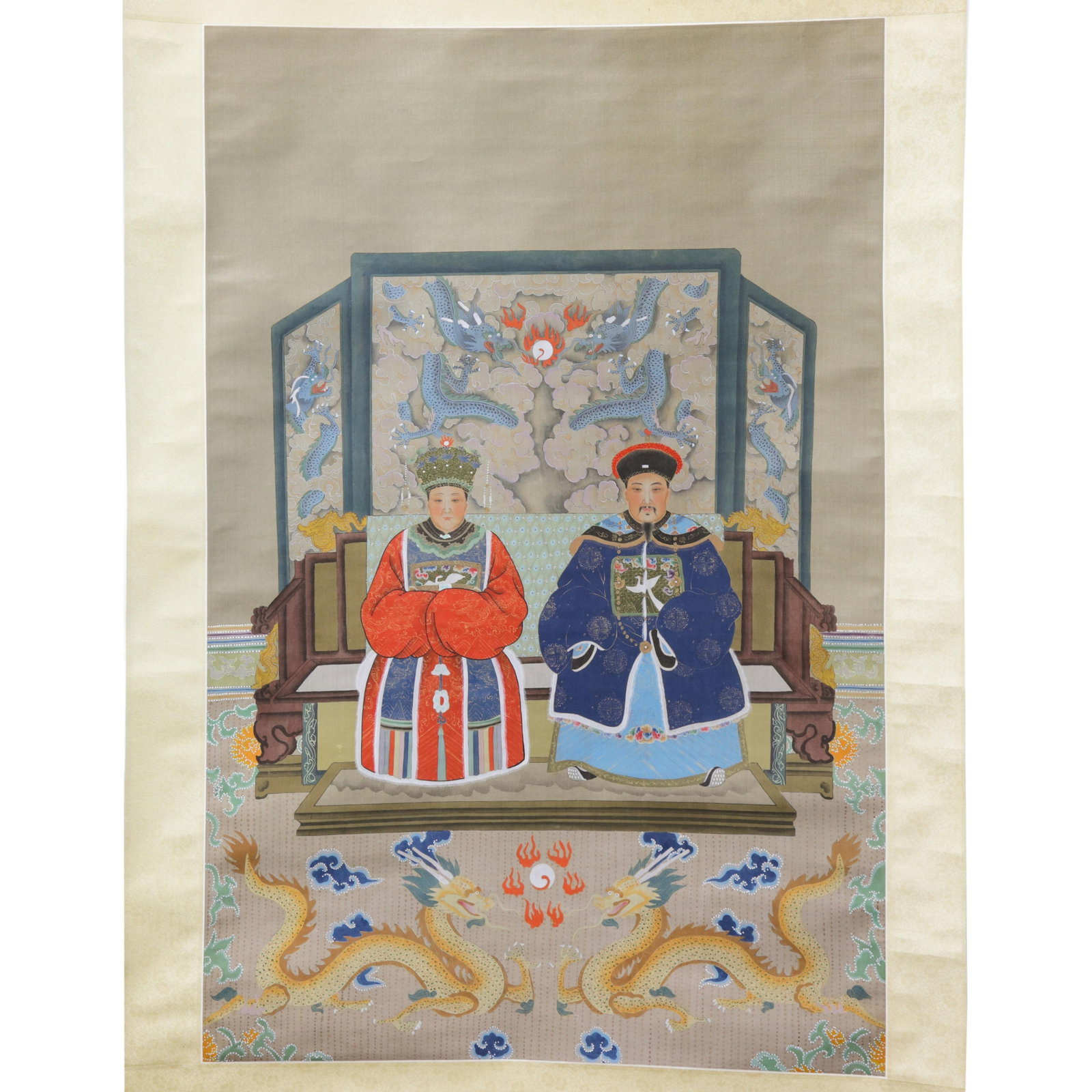 Vintage Qing Dynasty Style Emperor & Empress Portrait Hanging Scroll on Silk - 2