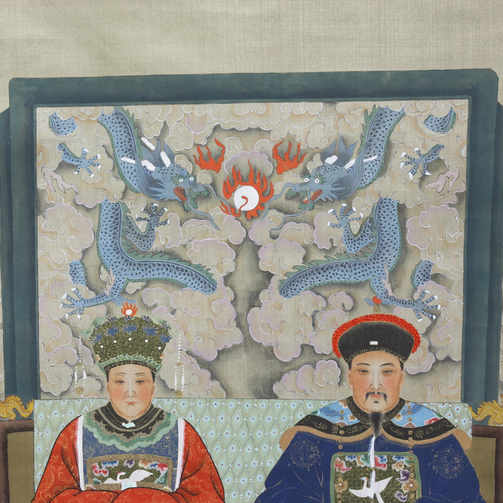 Vintage Qing Dynasty Style Emperor & Empress Portrait Hanging Scroll on Silk - 3