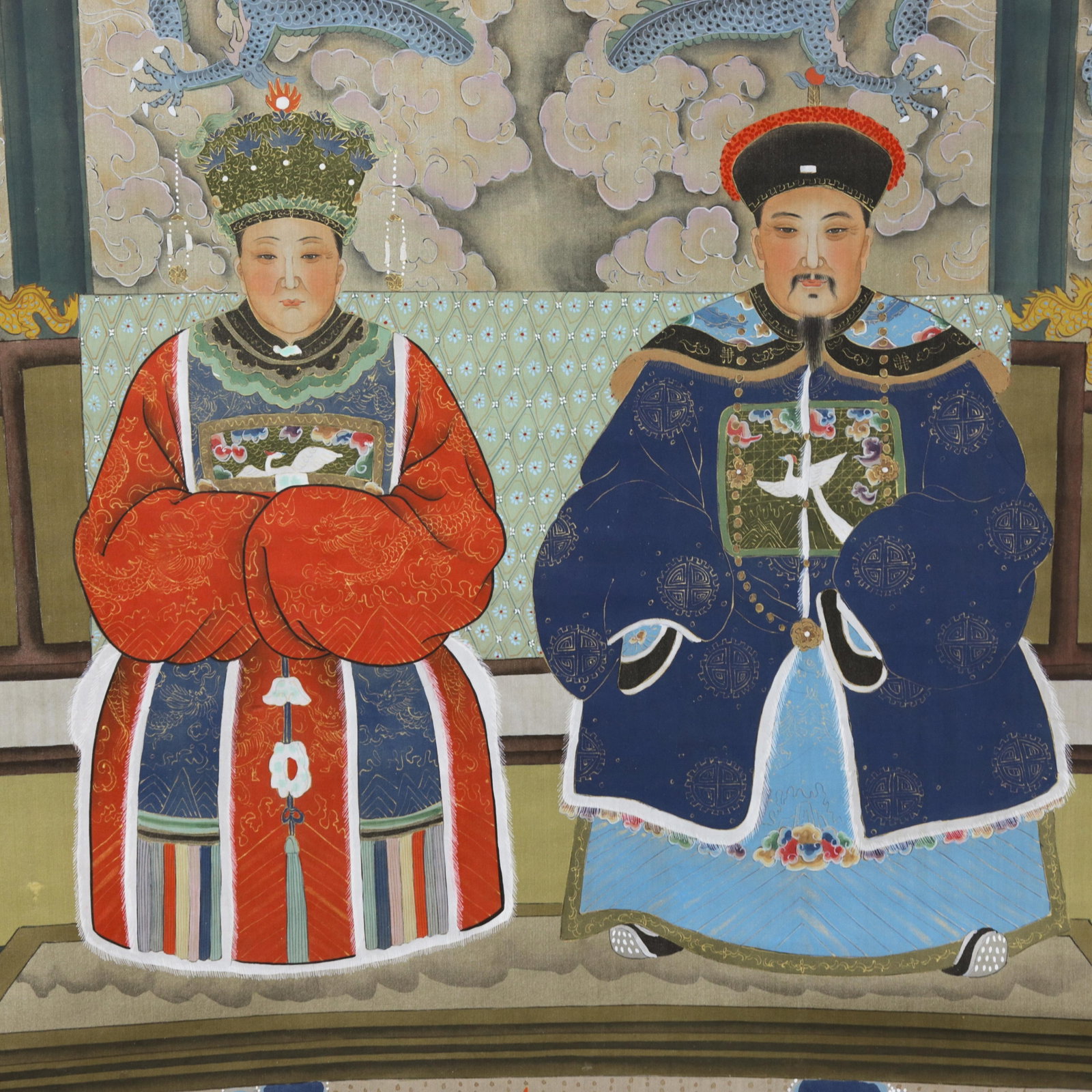 Vintage Qing Dynasty Style Emperor & Empress Portrait Hanging Scroll on Silk - 4