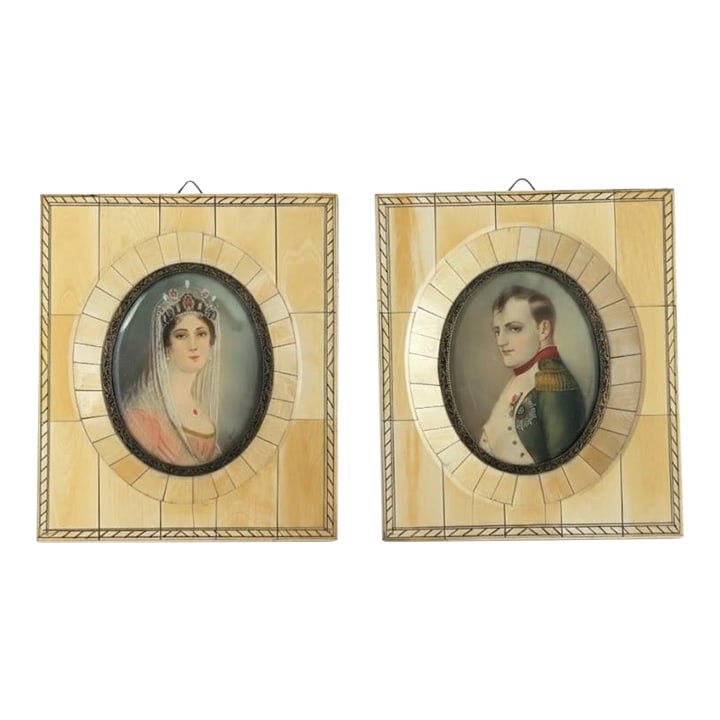 Napoleon and Josephine Portrait Miniatures, Late 19th Century - Set of 2: Pair of late 19th century portrait miniatures depicting Napoleon Bonaparte and Josephine de Beauharnais, each signed respectively DeLeroche and Gerard (after the original painters). The portraits are