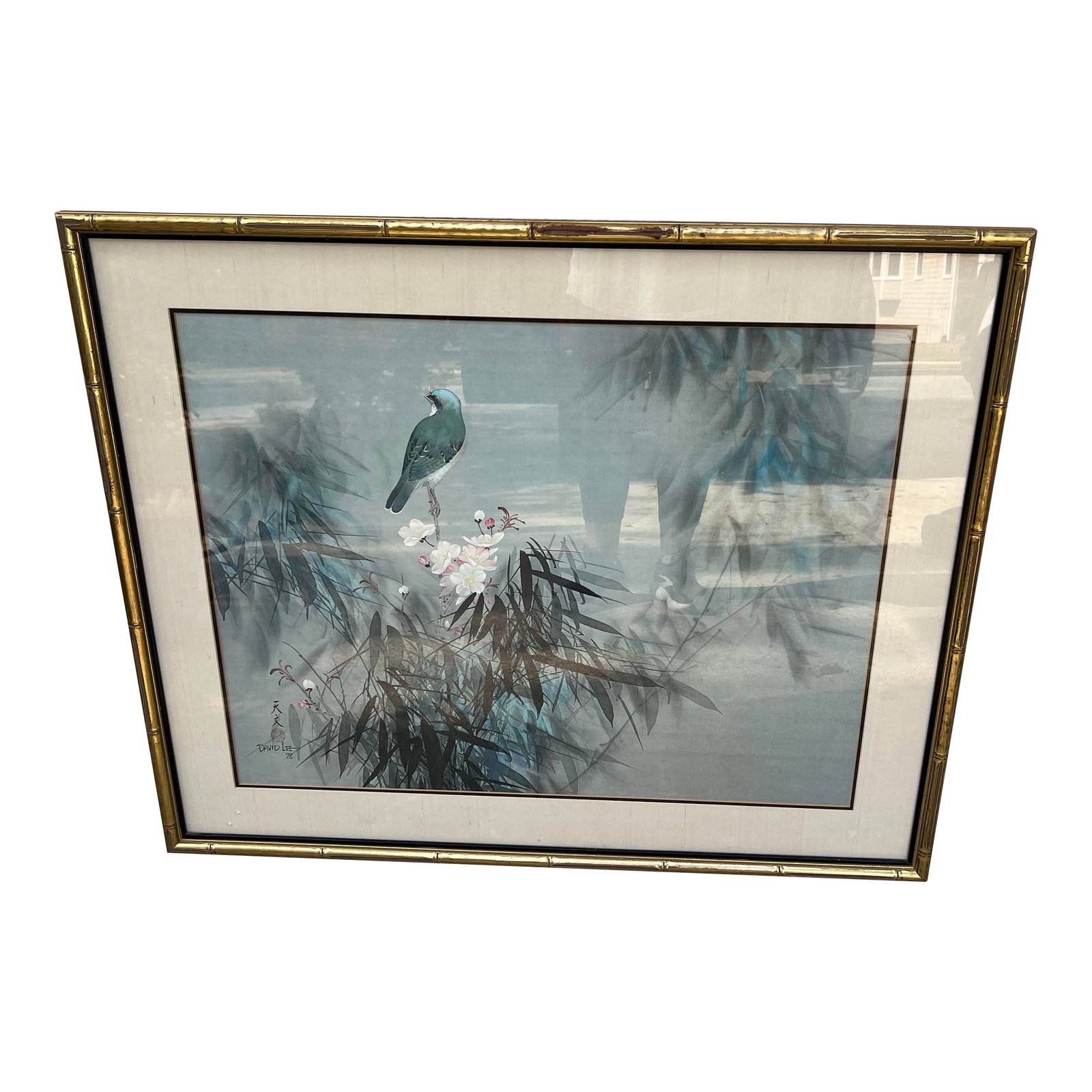 1970s Signed Painting of Bird and Foliage in Gold Bamboo Frame: Up for consideration is a beautiful vintage signed painting of a bird and foliage in a gold bamboo frame. This would look lovely in your home and is a great piece of art to spark conversations with
