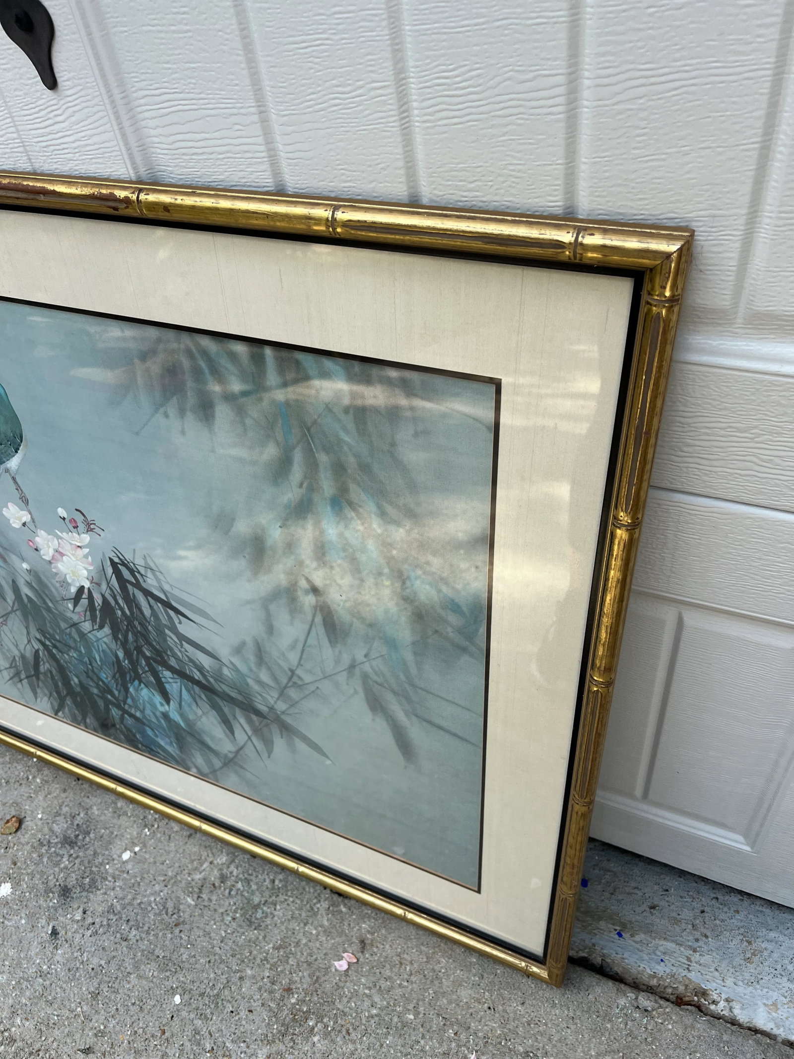 1970s Signed Painting of Bird and Foliage in Gold Bamboo Frame - 2