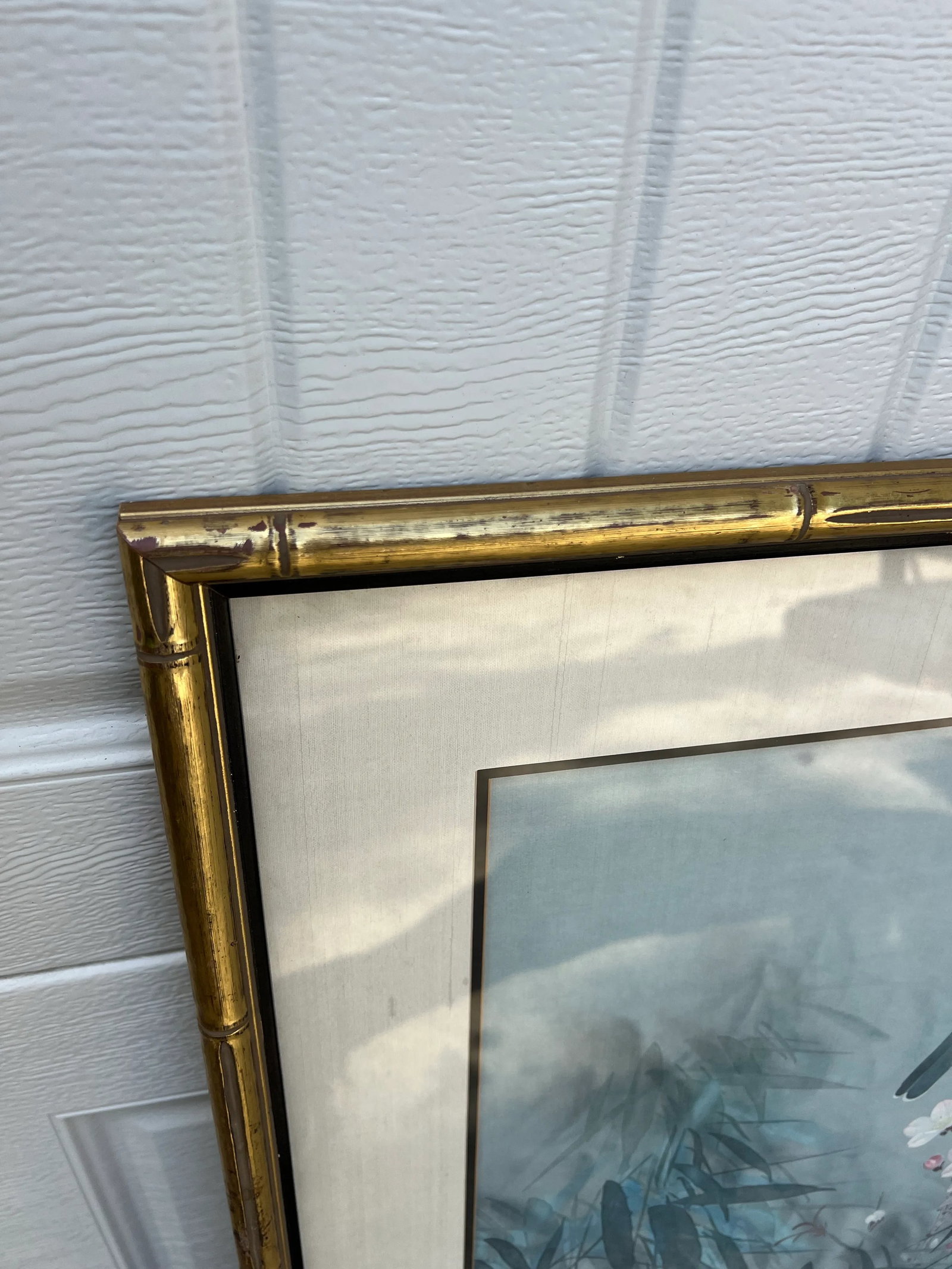 1970s Signed Painting of Bird and Foliage in Gold Bamboo Frame - 5