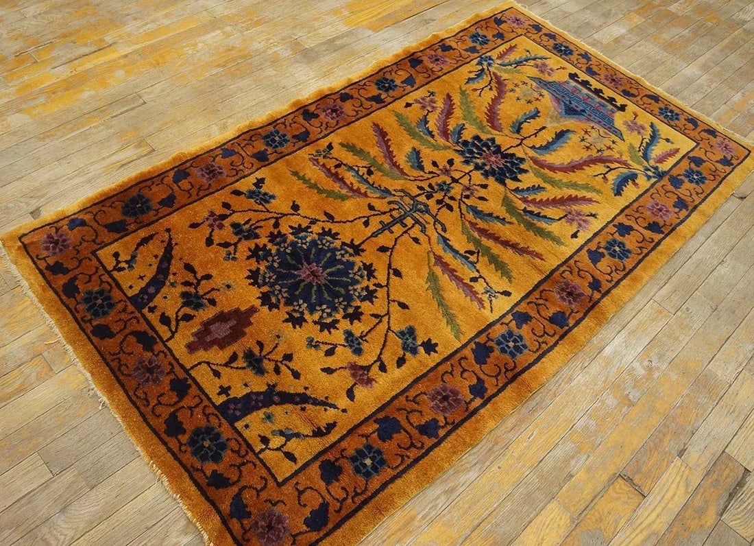 1920s Goldenord Floral Antique Chinese Art Deco Carpet 3'' X 5'6'' Knotted Wool Rug - 3
