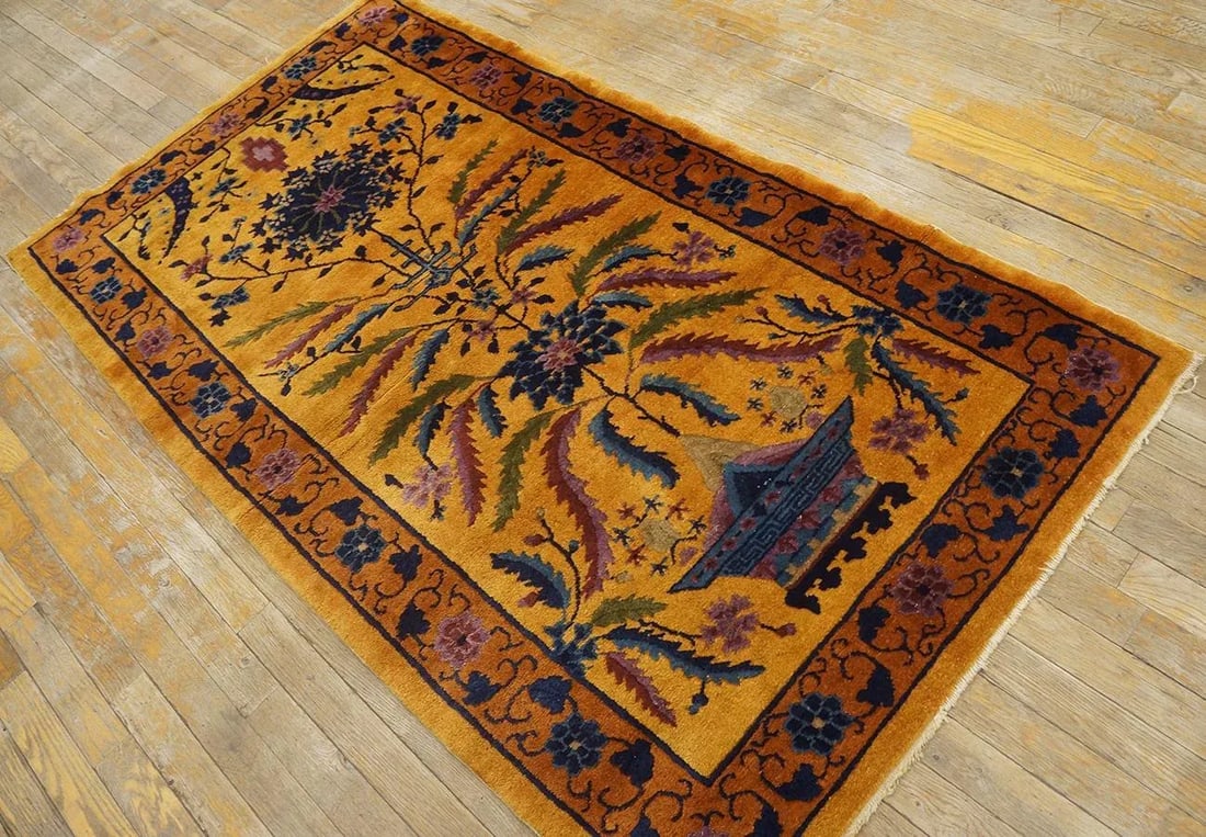 1920s Goldenord Floral Antique Chinese Art Deco Carpet 3'' X 5'6'' Knotted Wool Rug - 4