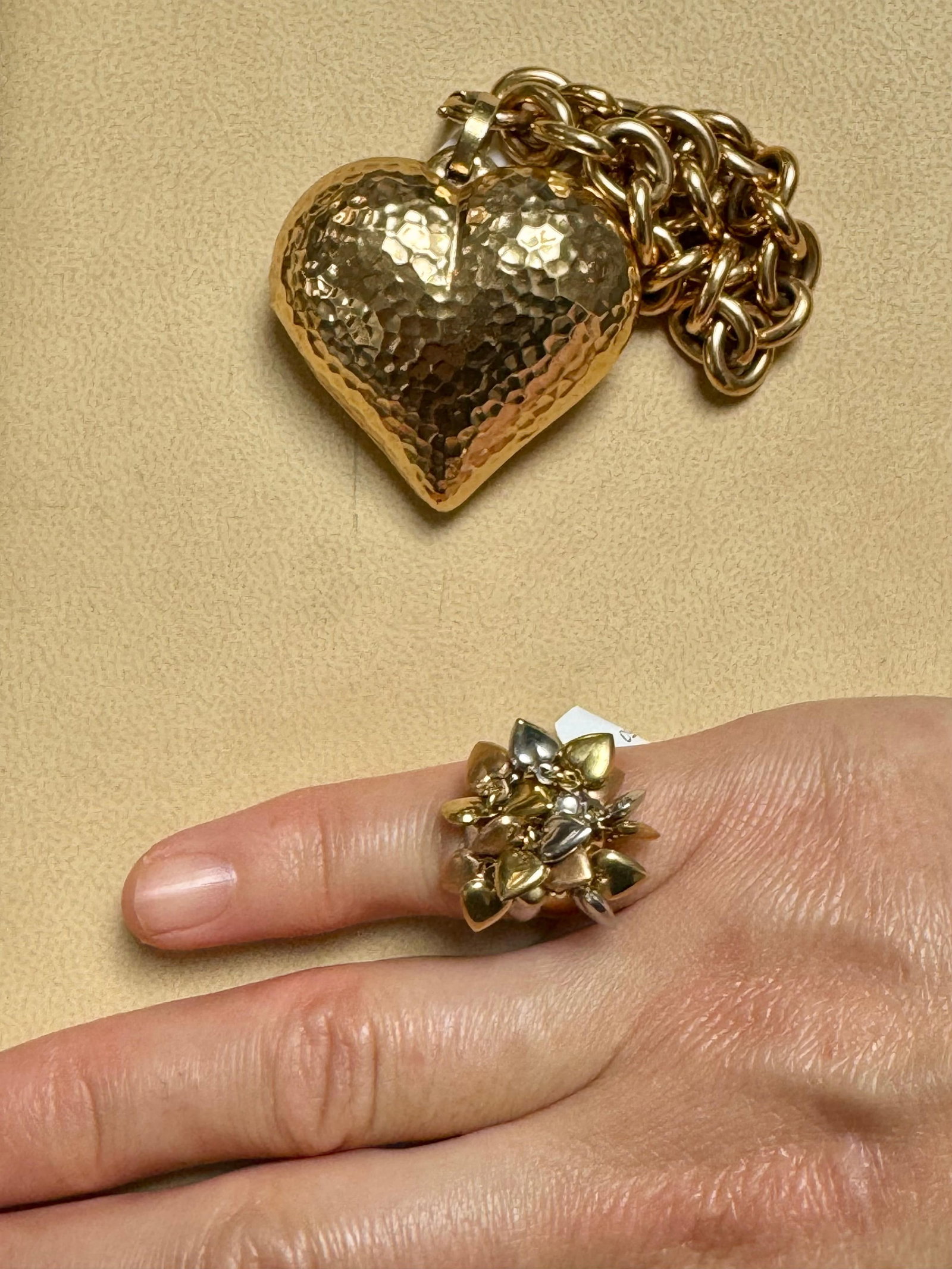 Multiple Heart Charm Floating 18 Kt Yellow, Rose & White Gold Heart Ring size 6 - 12