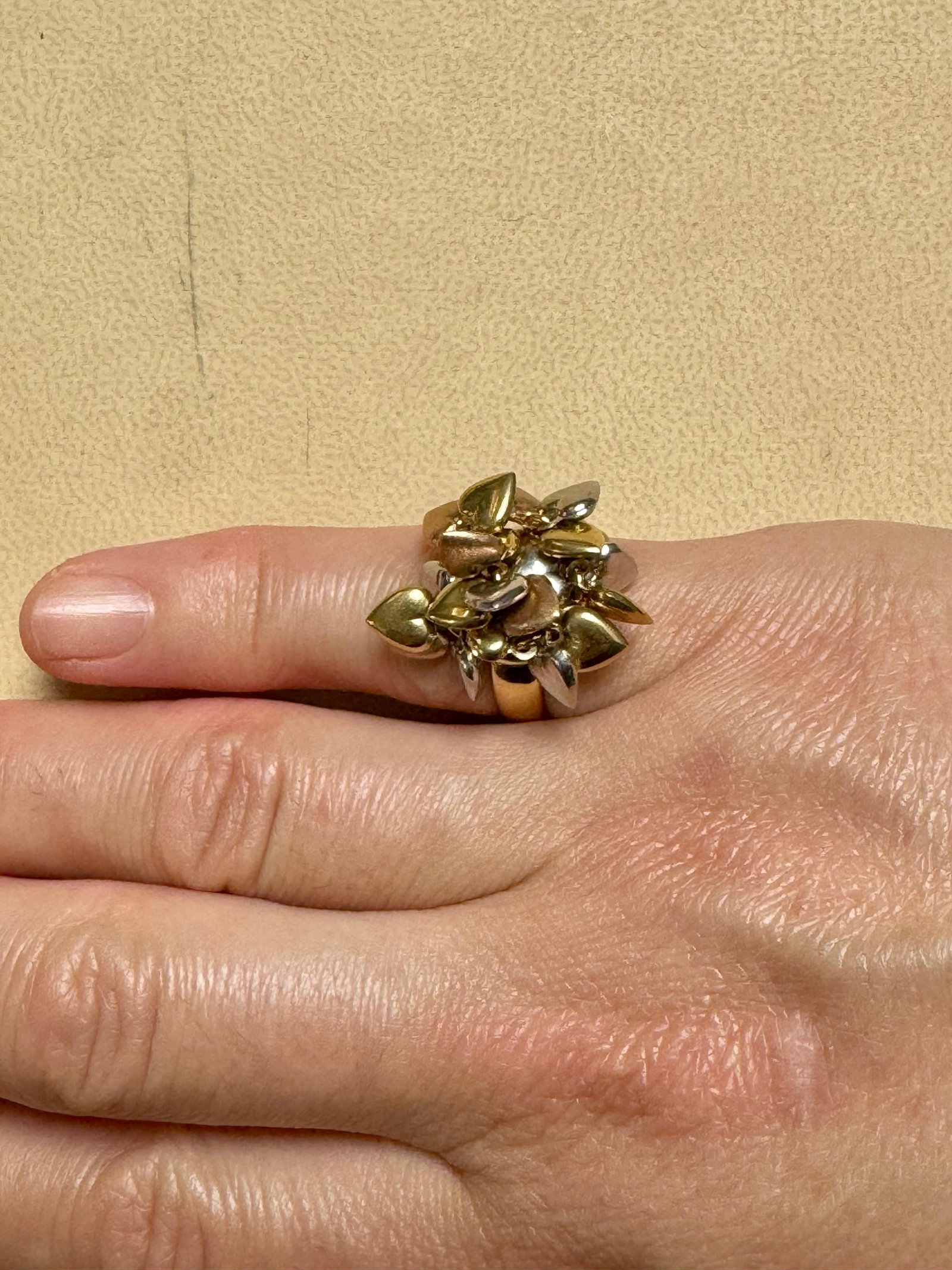Multiple Heart Charm Floating 18 Kt Yellow, Rose & White Gold Heart Ring size 6 - 13