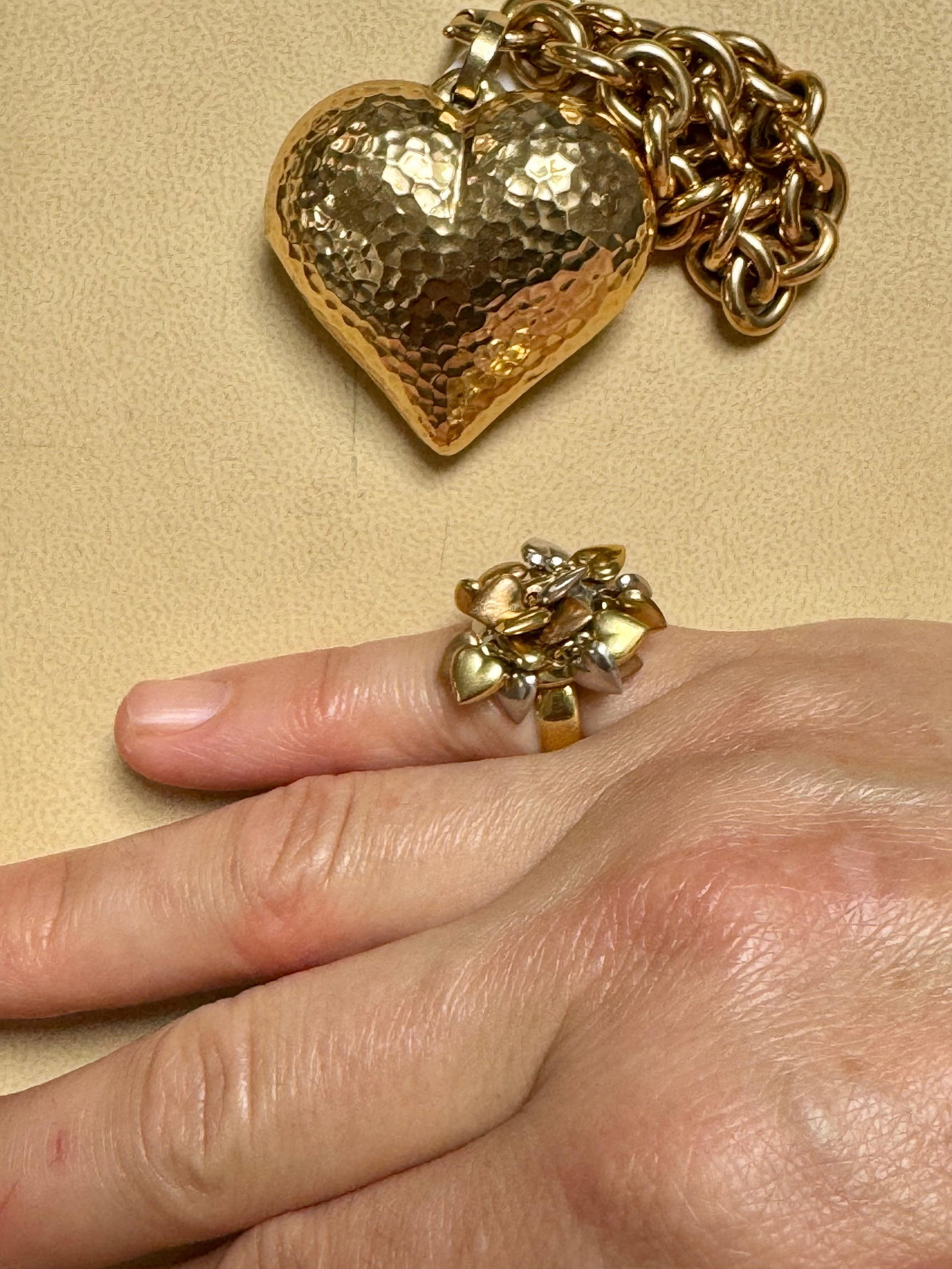 Multiple Heart Charm Floating 18 Kt Yellow, Rose & White Gold Heart Ring size 6 - 14