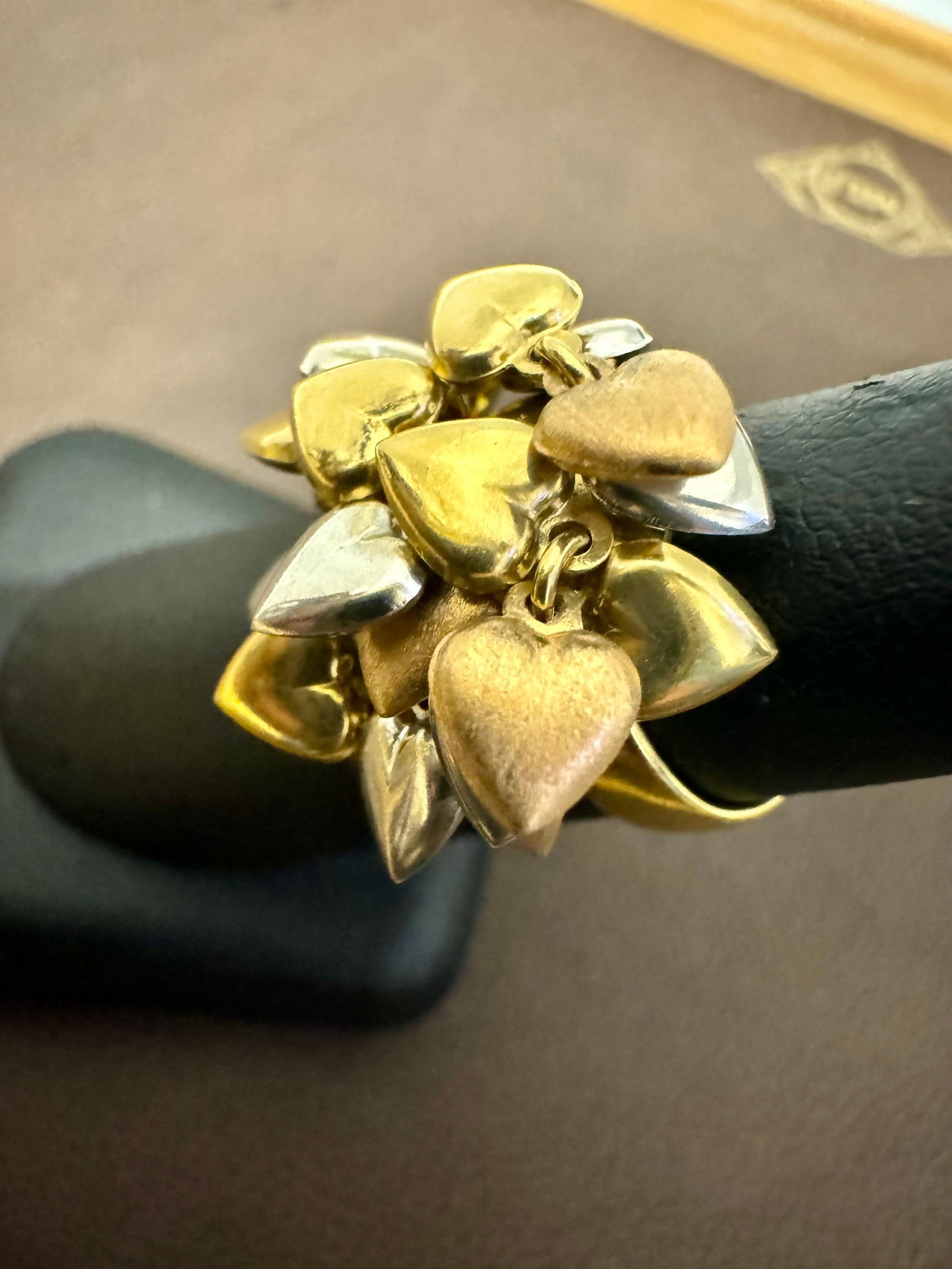 Multiple Heart Charm Floating 18 Kt Yellow, Rose & White Gold Heart Ring size 6 - 17