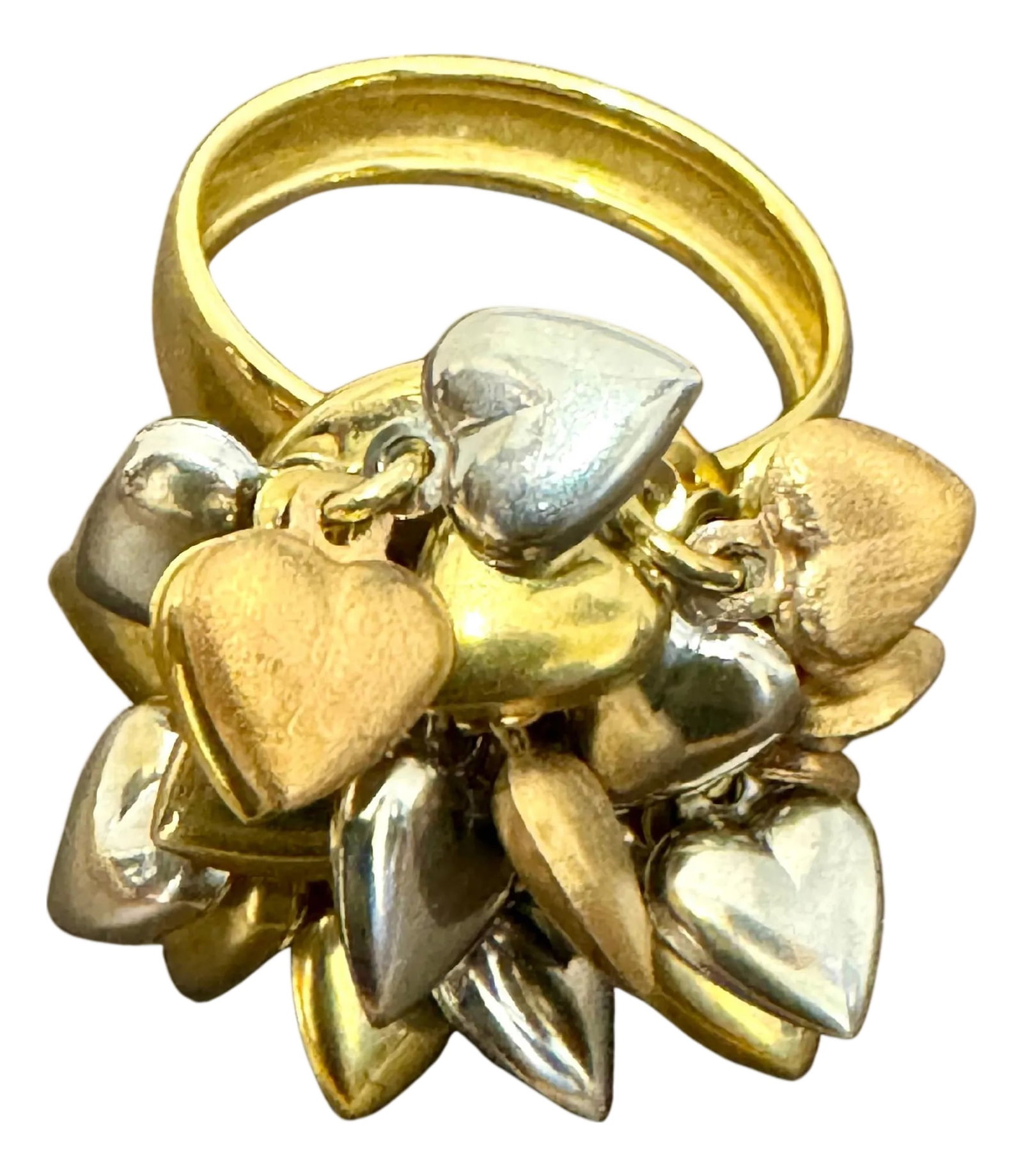 Multiple Heart Charm Floating 18 Kt Yellow, Rose & White Gold Heart Ring size 6: This 18 karat gold ring features close to 20 different heart charms, Yellow rose and white gold Heart Charms are bunched together on top of a band. This vintage ring is a beautiful piece of jewelry