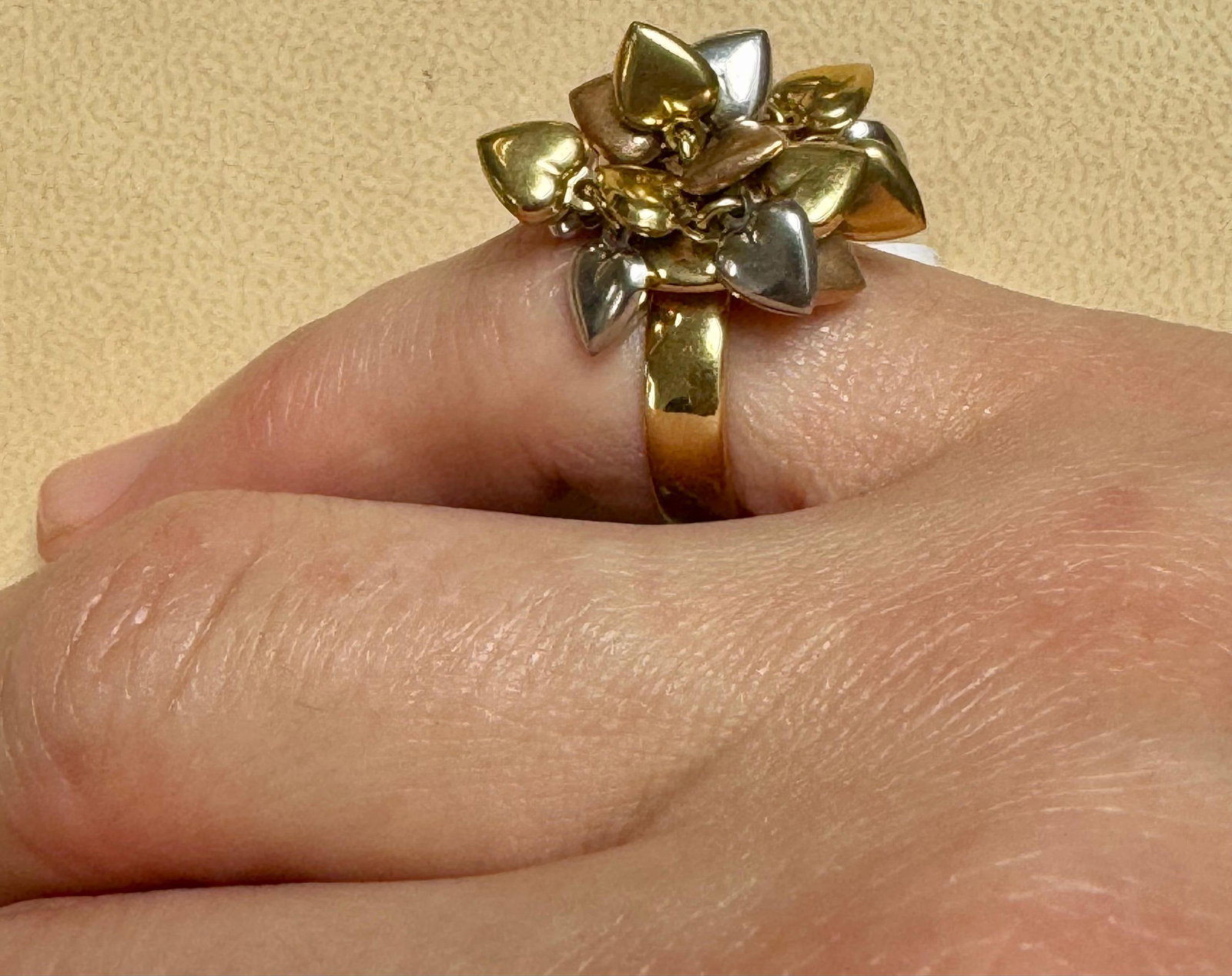 Multiple Heart Charm Floating 18 Kt Yellow, Rose & White Gold Heart Ring size 6 - 2