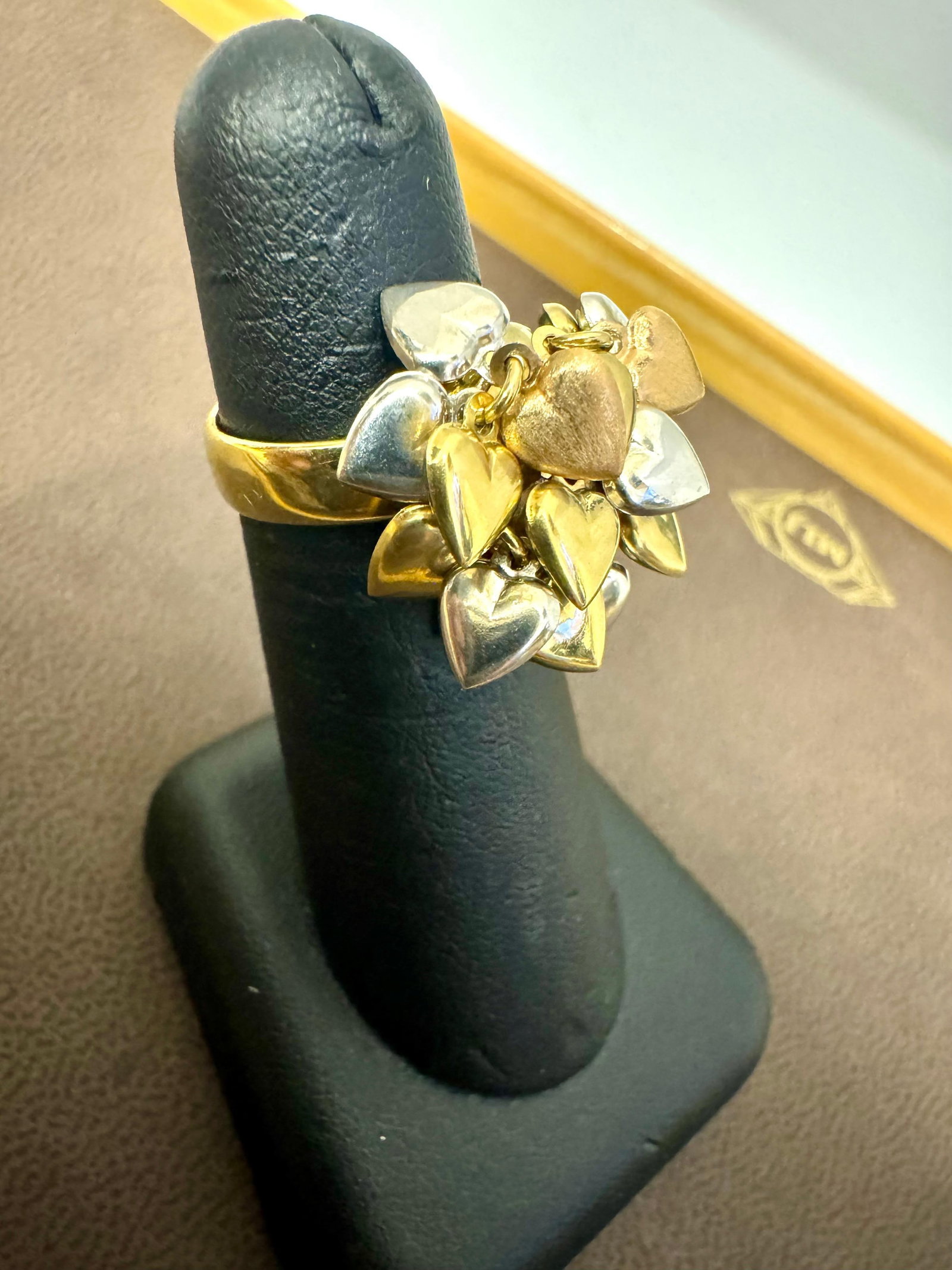 Multiple Heart Charm Floating 18 Kt Yellow, Rose & White Gold Heart Ring size 6 - 3