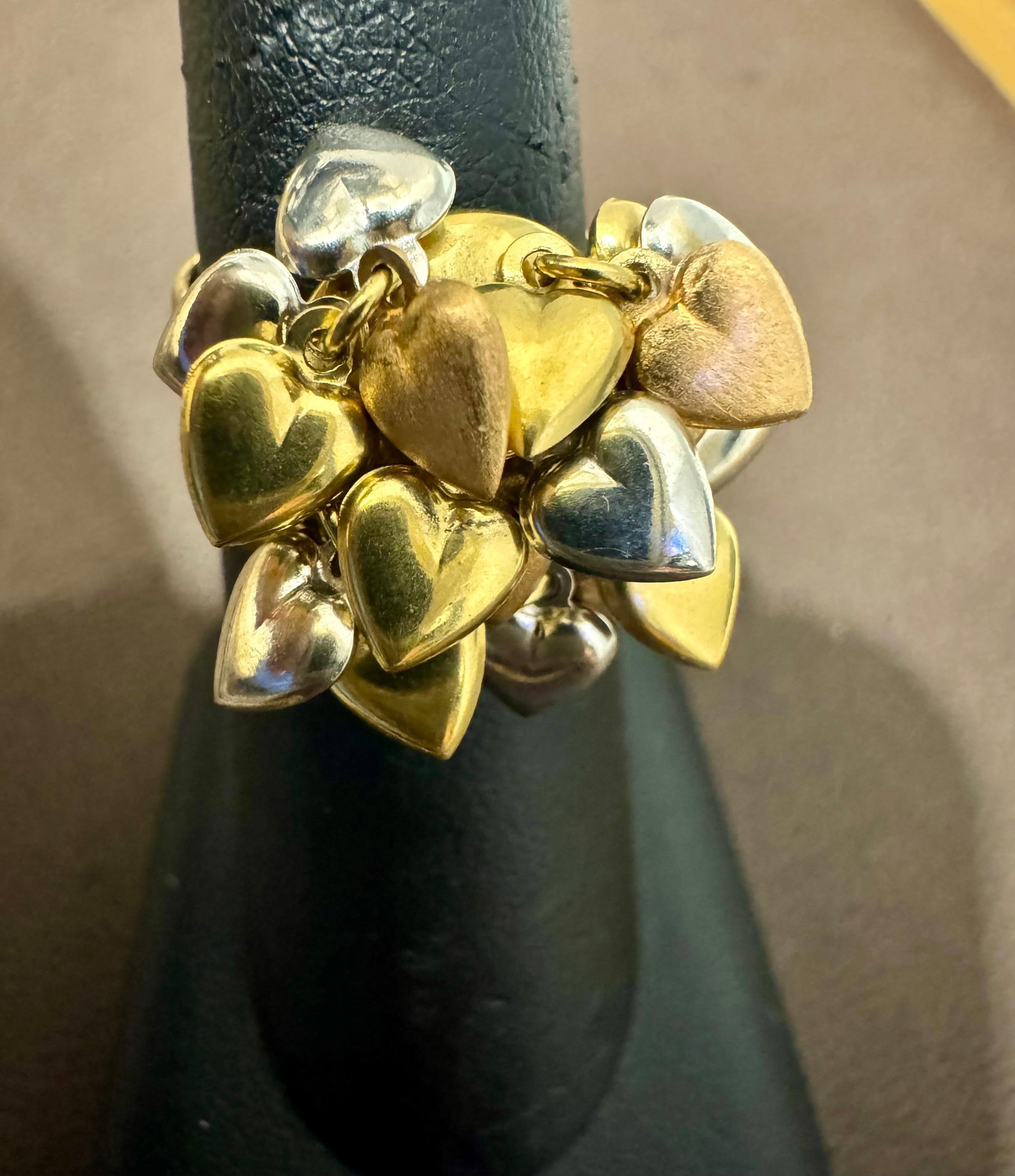 Multiple Heart Charm Floating 18 Kt Yellow, Rose & White Gold Heart Ring size 6 - 4