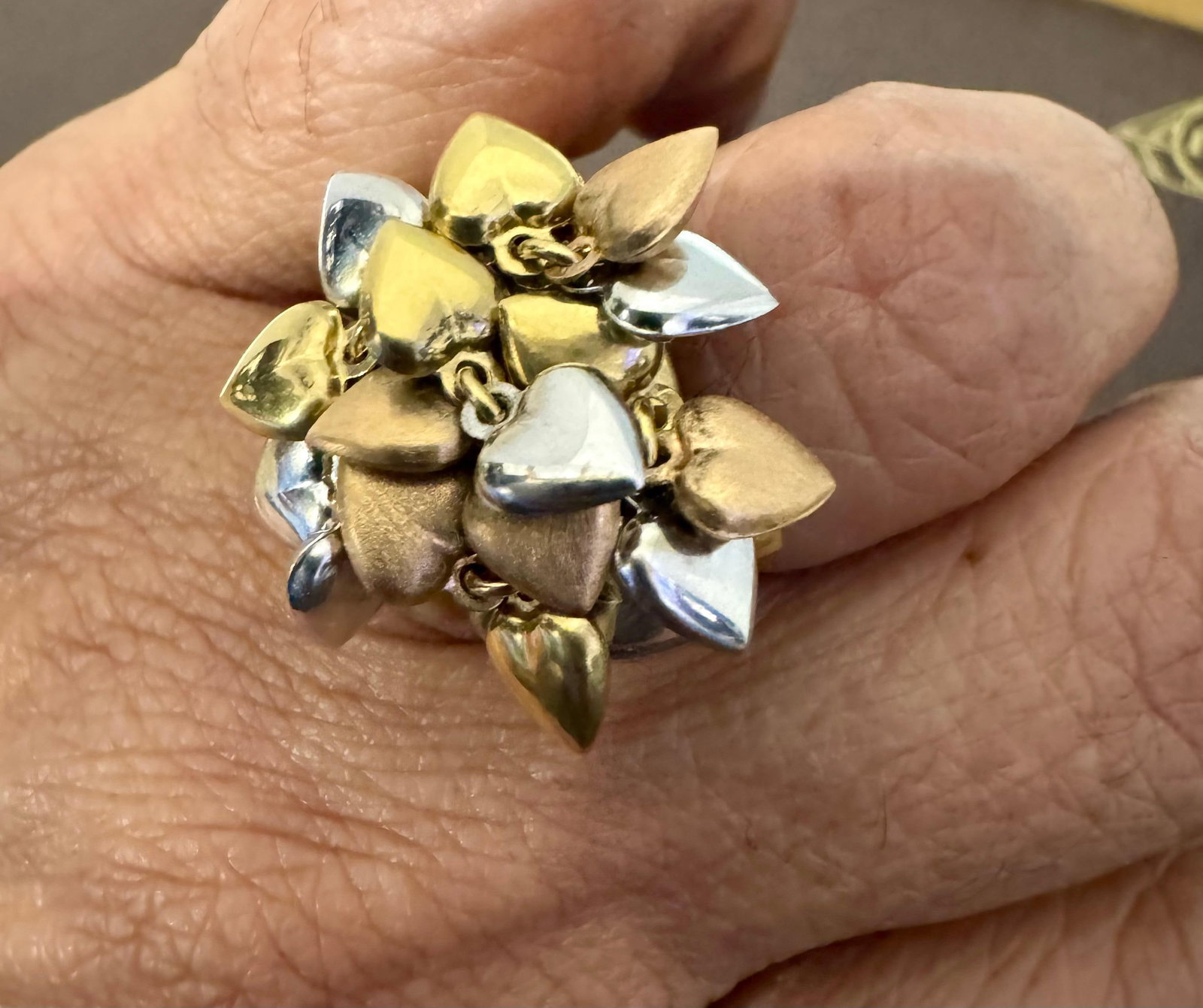 Multiple Heart Charm Floating 18 Kt Yellow, Rose & White Gold Heart Ring size 6 - 5