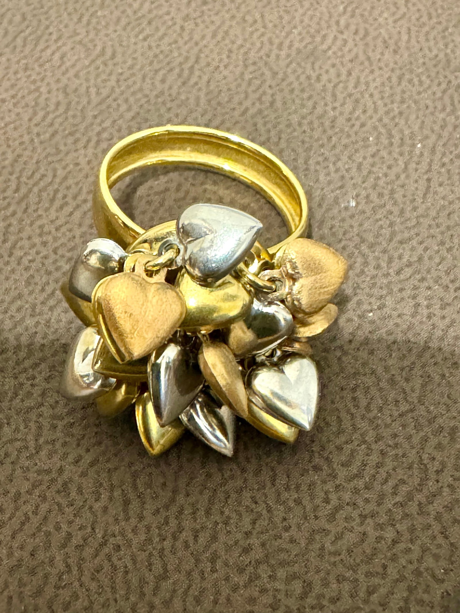 Multiple Heart Charm Floating 18 Kt Yellow, Rose & White Gold Heart Ring size 6 - 6