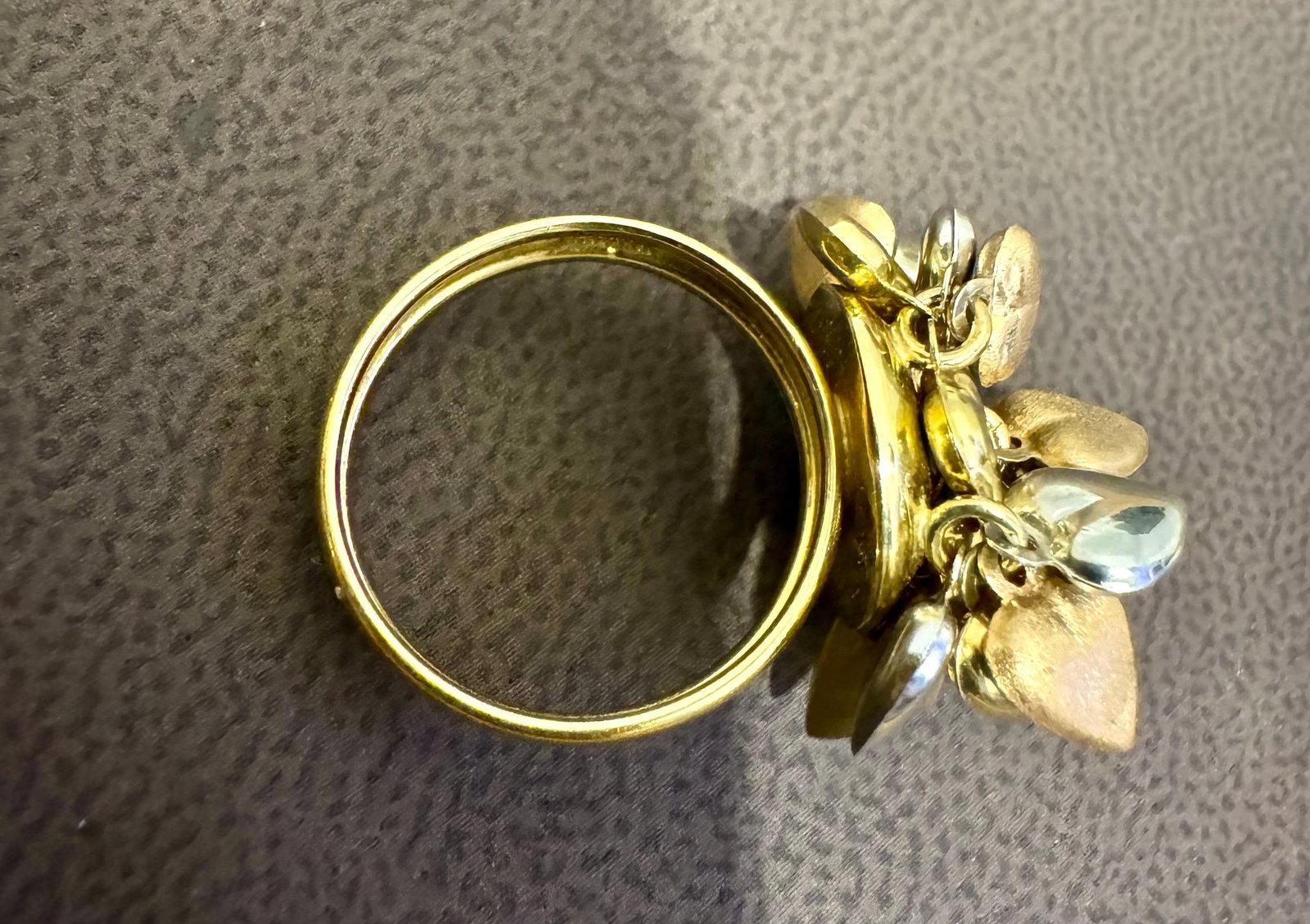 Multiple Heart Charm Floating 18 Kt Yellow, Rose & White Gold Heart Ring size 6 - 7