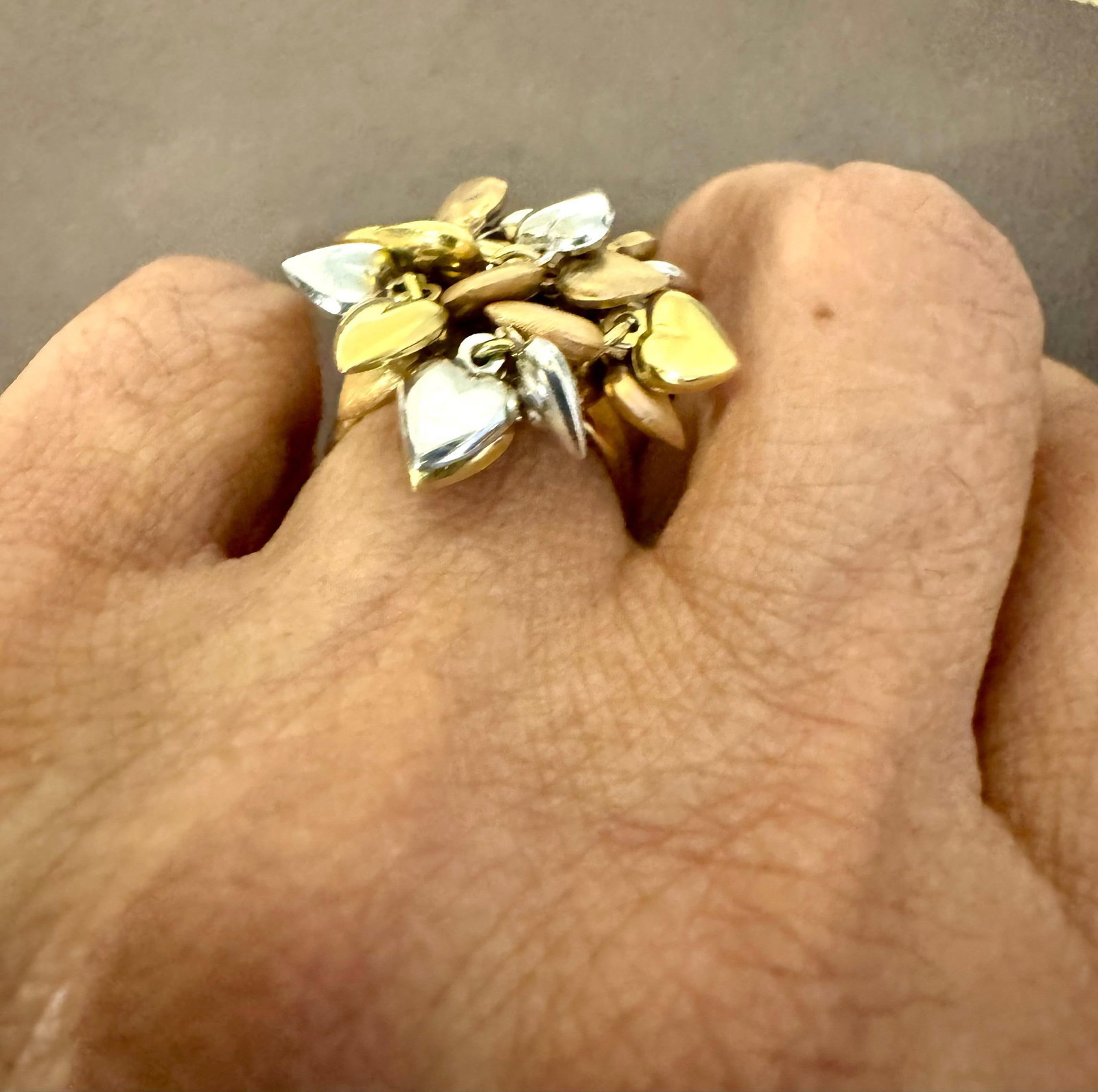 Multiple Heart Charm Floating 18 Kt Yellow, Rose & White Gold Heart Ring size 6 - 9