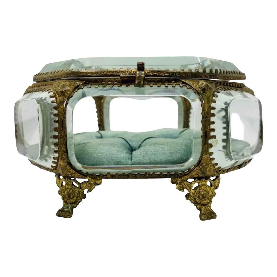 The Paris Apartment Antique 19th Century French Palais Royal Beveled Glass Jewelry Box, Original Tuf: A rare and exquisite 19th-century French jewelry casket, likely originating from the famed boutiques of the Palais Royal, a destination synonymous with luxury and fine objets d'art in the 1800s. This