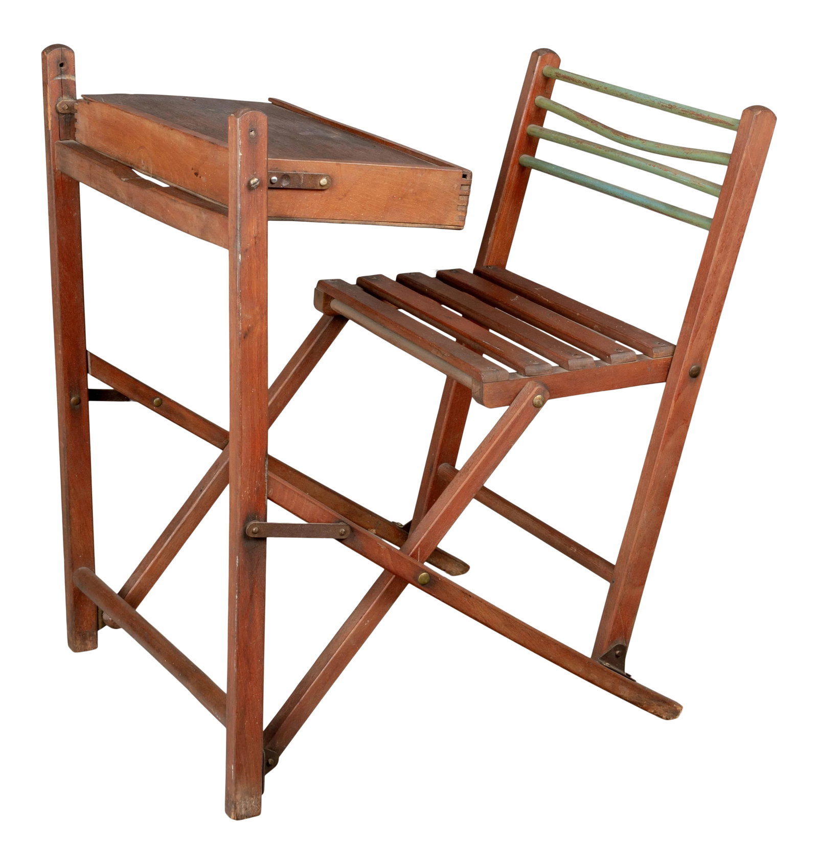 French Folding Child's Desk and Chair: A French folding child's school desk and chair made of beech wood. The desktop has dovetailed corners and a sliding top for storage. The attached chair has a slat seat and metal rod back rest (one