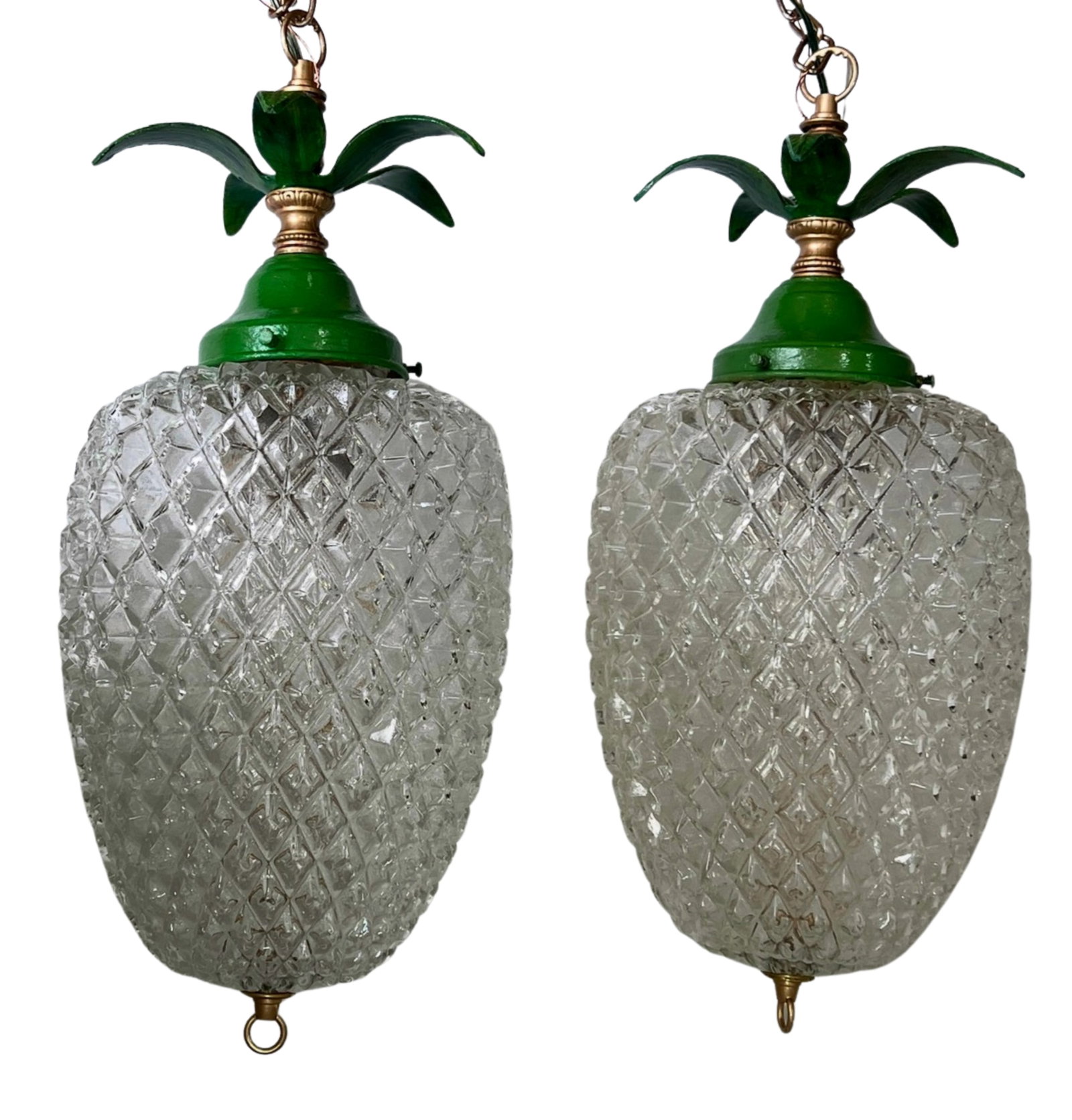 Vintage Clear Textured Glass Pineapple Pendant Lights Green Metal Leaves- A Pair - 11