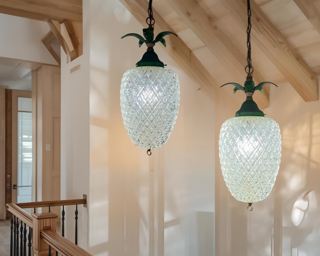Vintage Clear Textured Glass Pineapple Pendant Lights Green Metal Leaves- A Pair - 15