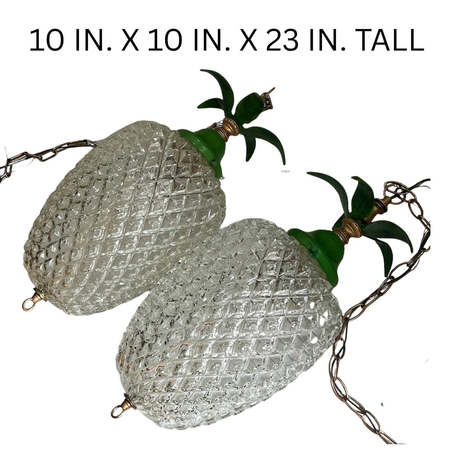 Vintage Clear Textured Glass Pineapple Pendant Lights Green Metal Leaves- A Pair - 18