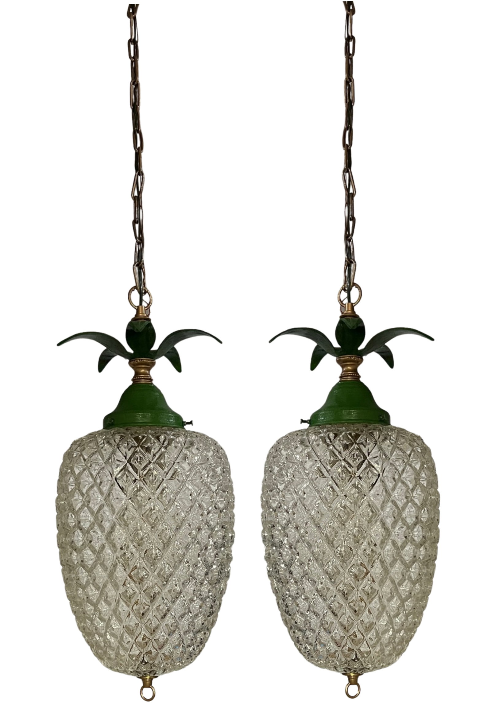 Vintage Clear Textured Glass Pineapple Pendant Lights Green Metal Leaves- A Pair - 3